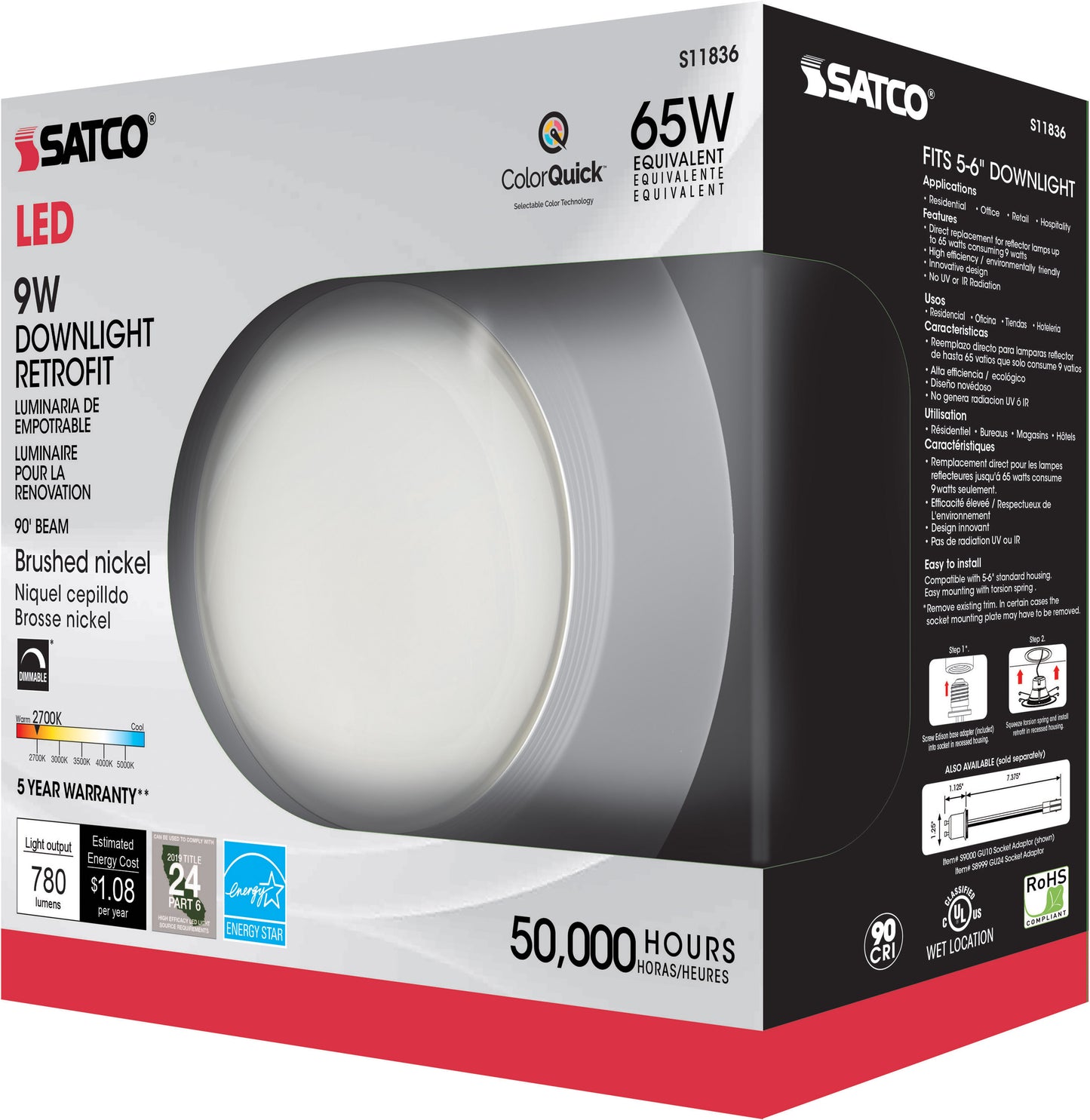 9W; LED Downlight Retrofit; 5 Inch - 6" CCT Selectable; 120 volts; Dimmable; Brushed Nickel Finish