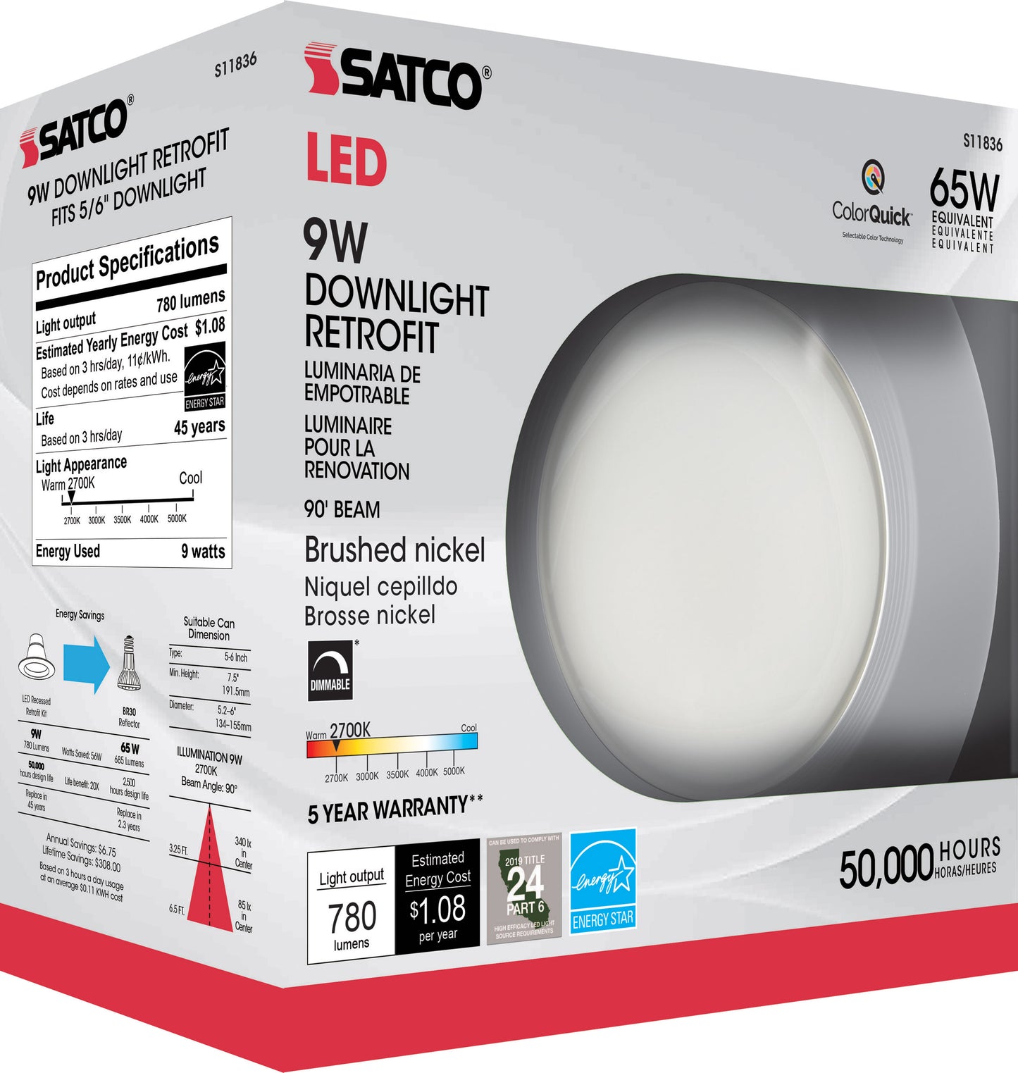 9W; LED Downlight Retrofit; 5 Inch - 6" CCT Selectable; 120 volts; Dimmable; Brushed Nickel Finish