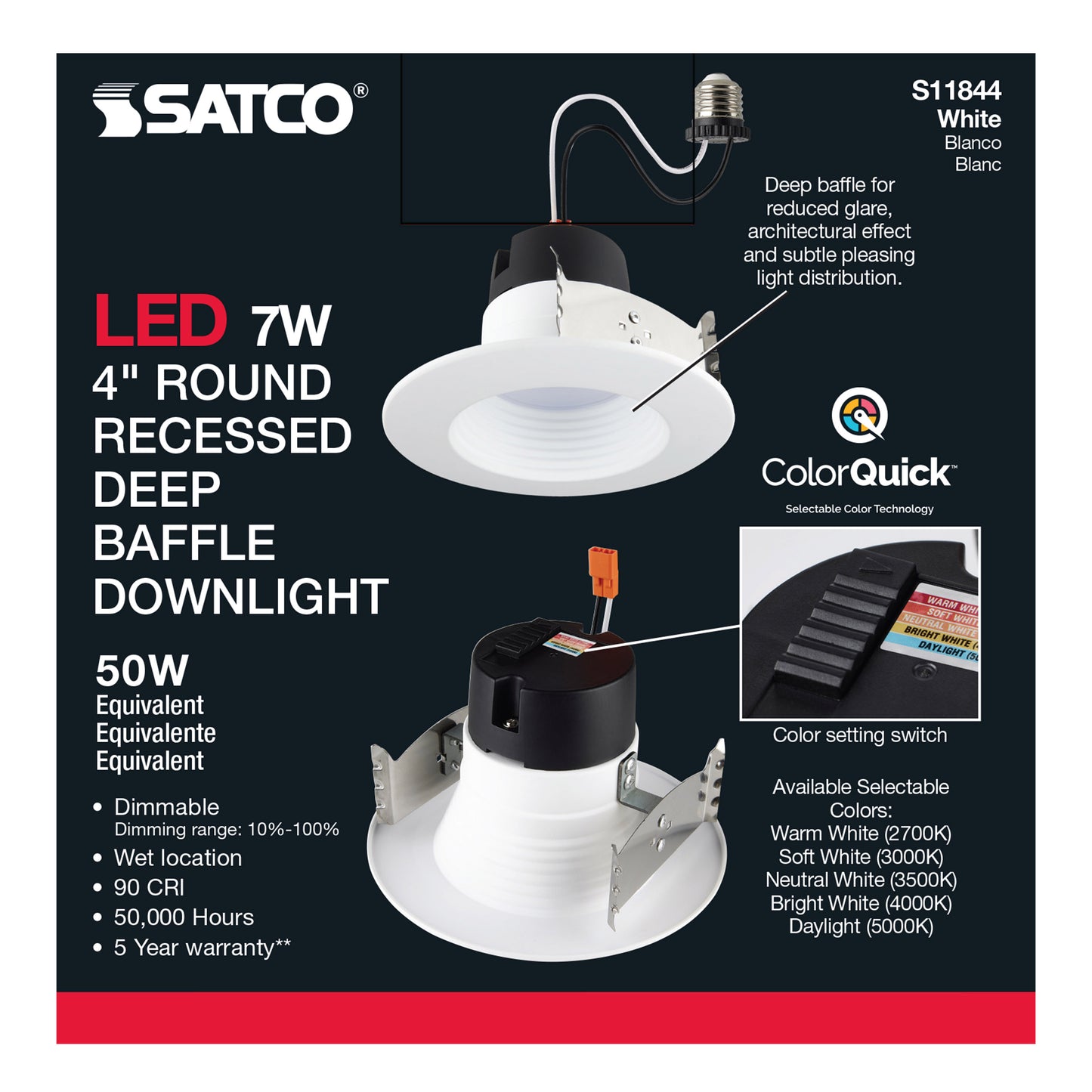 7W 4" Deep Baffle; CCT-Selectable Recessed LED Downlight