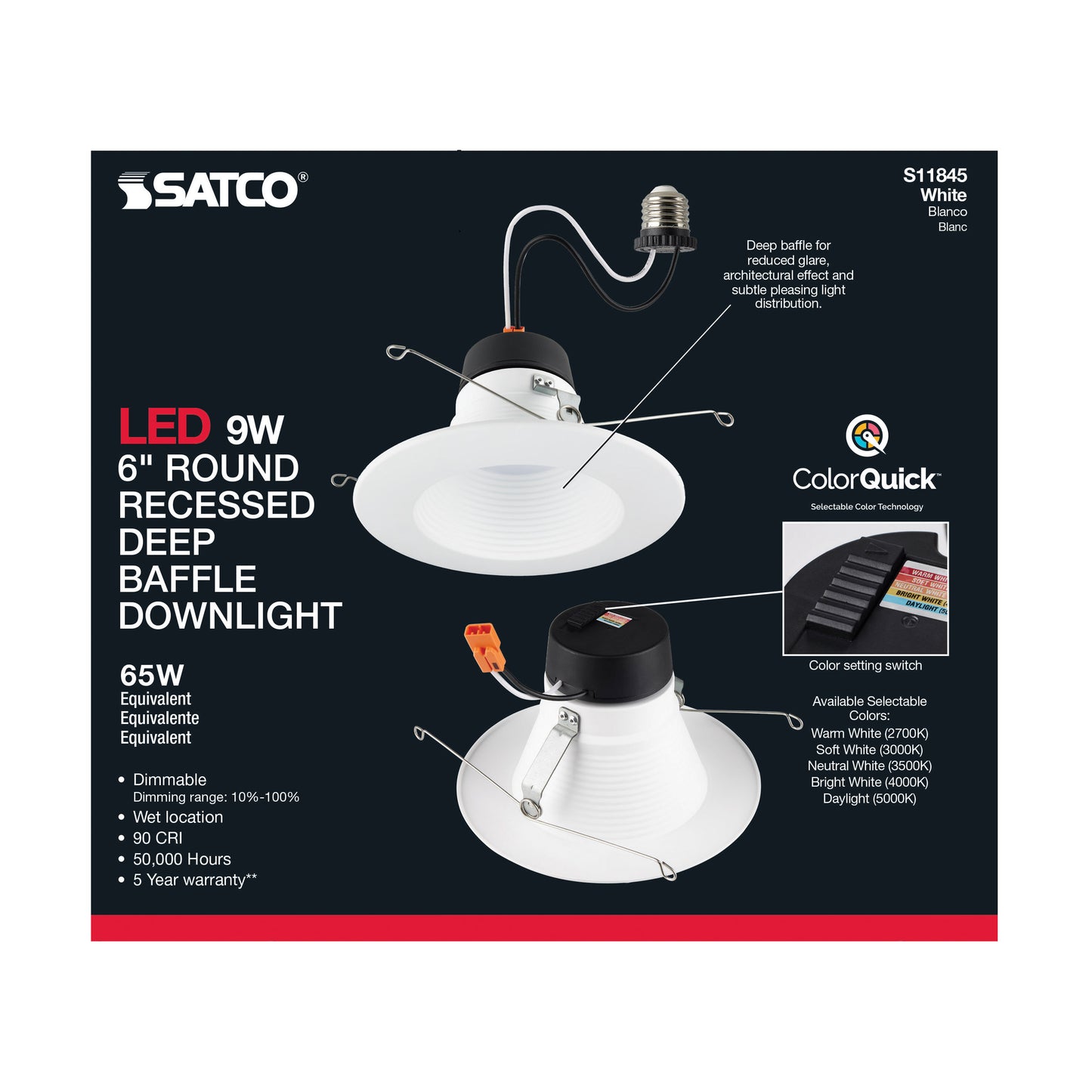 9W 6" Deep Baffle; CCT-Selectable Recessed LED Downlight