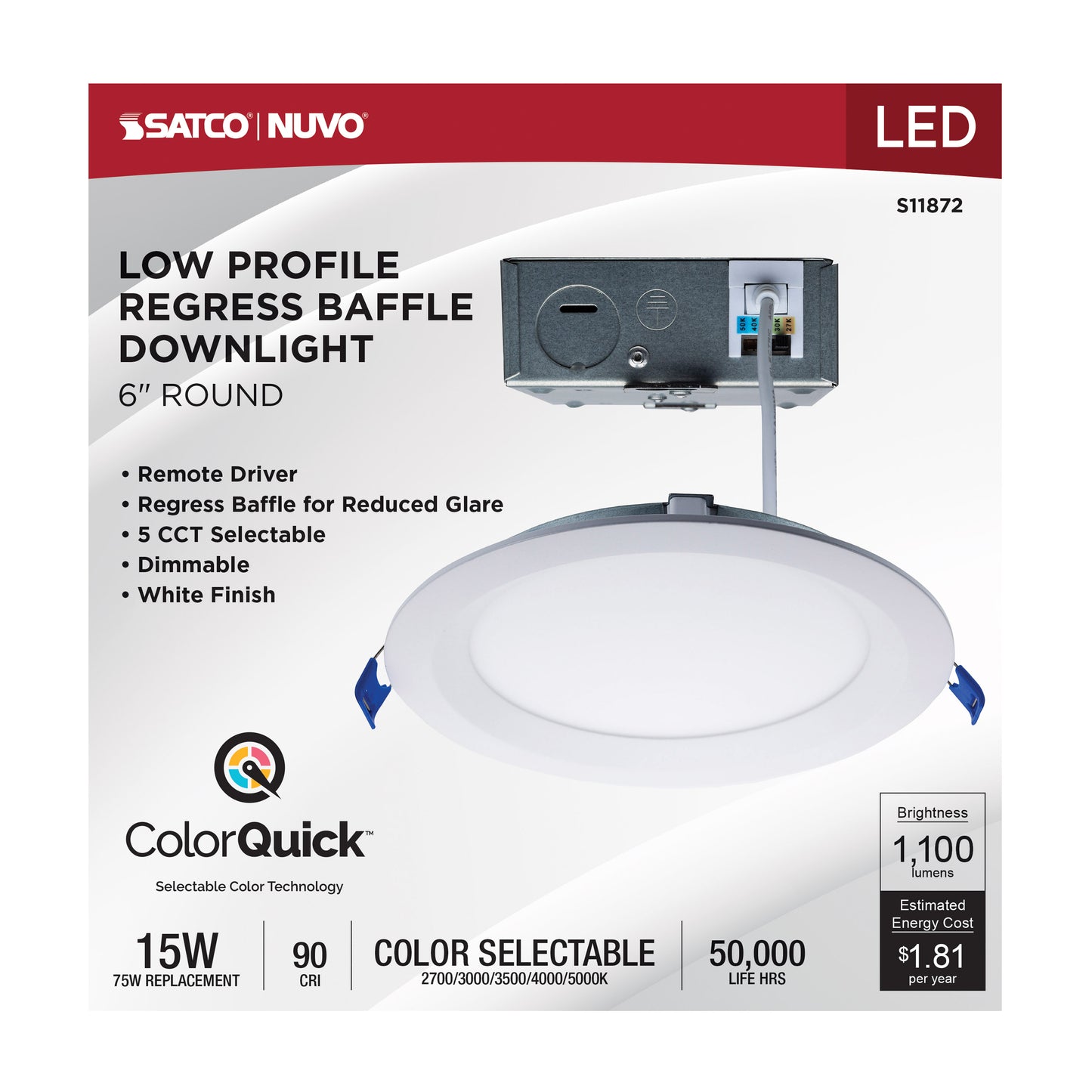 15W LED Low Profile Regress Baffle Downlight; 6" Remote Driver; CCT Selectable; Round Shape; White Finish; 120 Volt