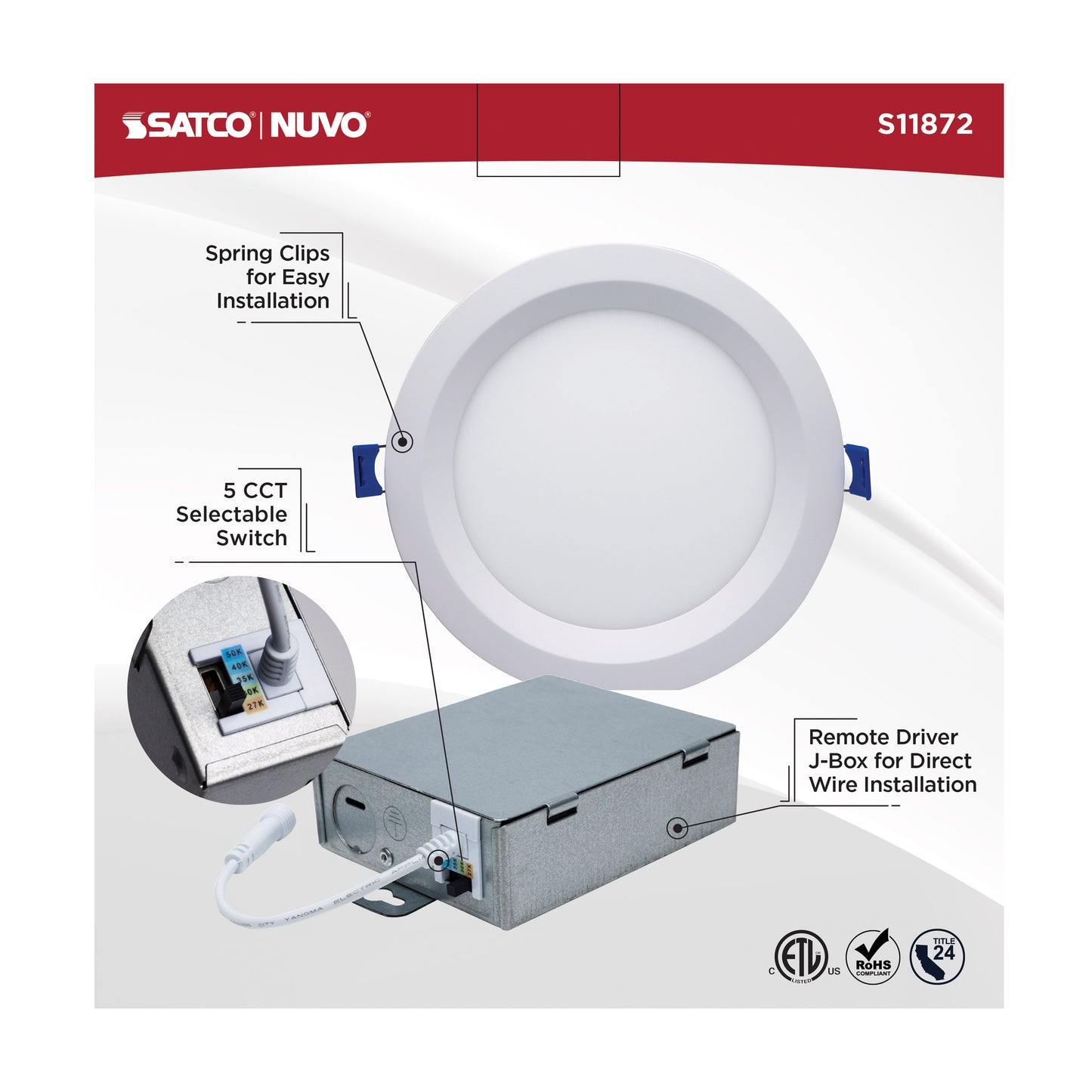 15W LED Low Profile Regress Baffle Downlight; 6" Remote Driver; CCT Selectable; Round Shape; White Finish; 120 Volt