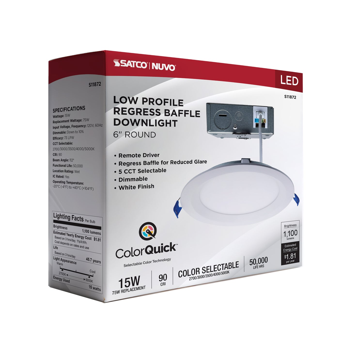 15W LED Low Profile Regress Baffle Downlight; 6" Remote Driver; CCT Selectable; Round Shape; White Finish; 120 Volt