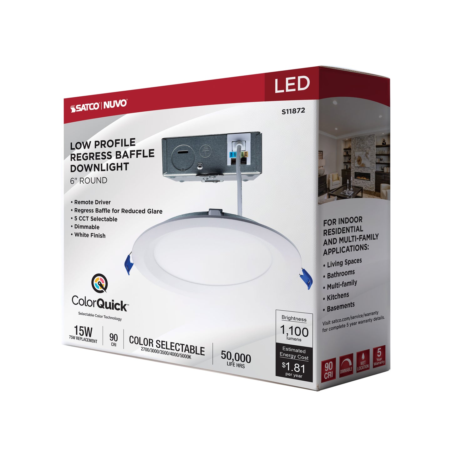 15W LED Low Profile Regress Baffle Downlight; 6" Remote Driver; CCT Selectable; Round Shape; White Finish; 120 Volt