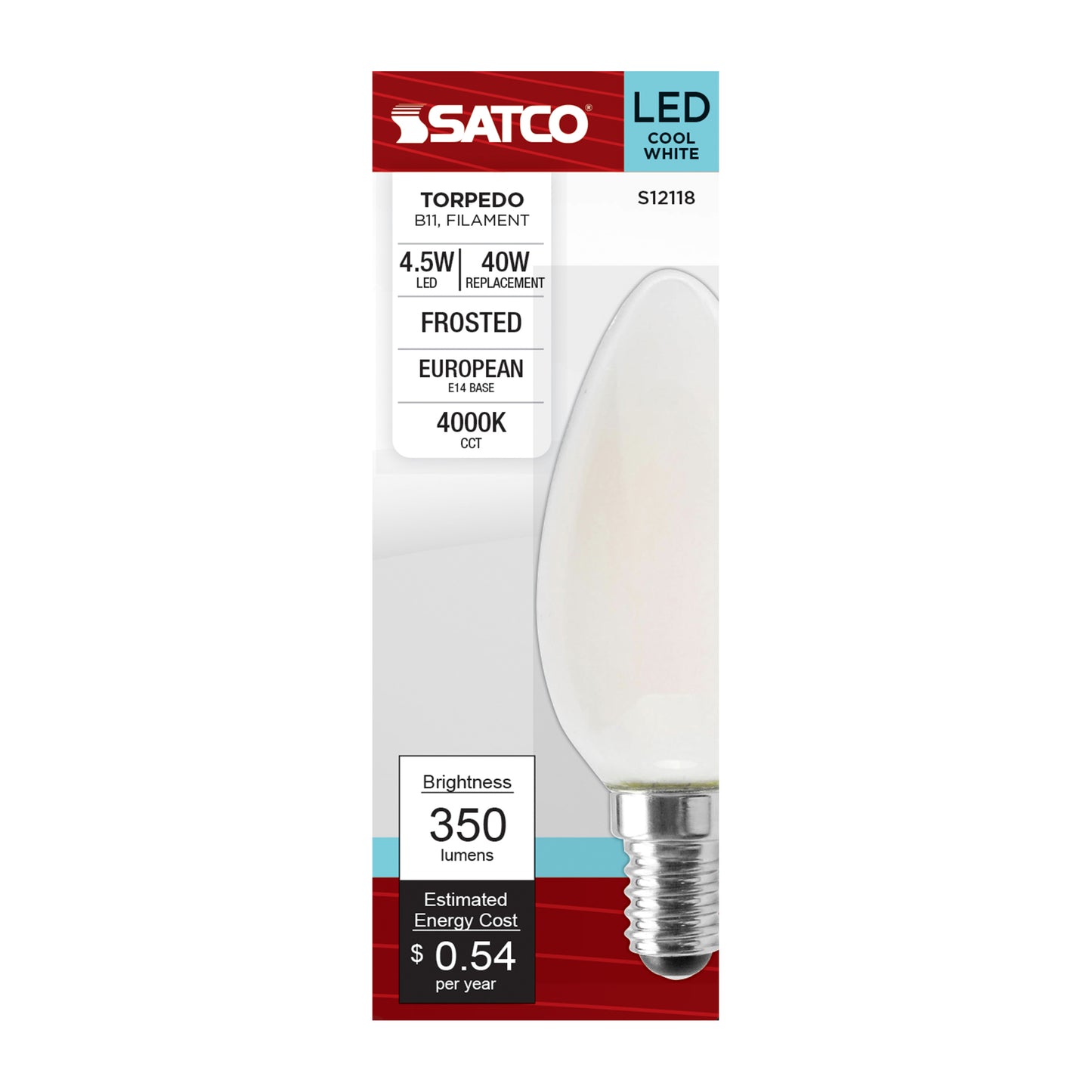 4.5 Watt; B11 LED Filament; Frosted; 350 Lumens; 4000K; European base; 120 Volt