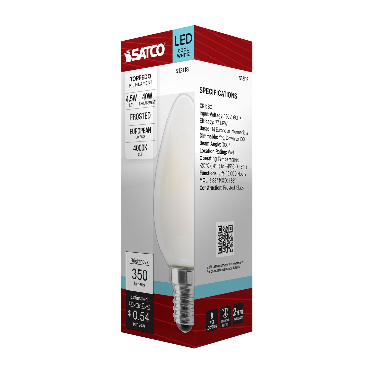 4.5 Watt; B11 LED Filament; Frosted; 350 Lumens; 4000K; European base; 120 Volt