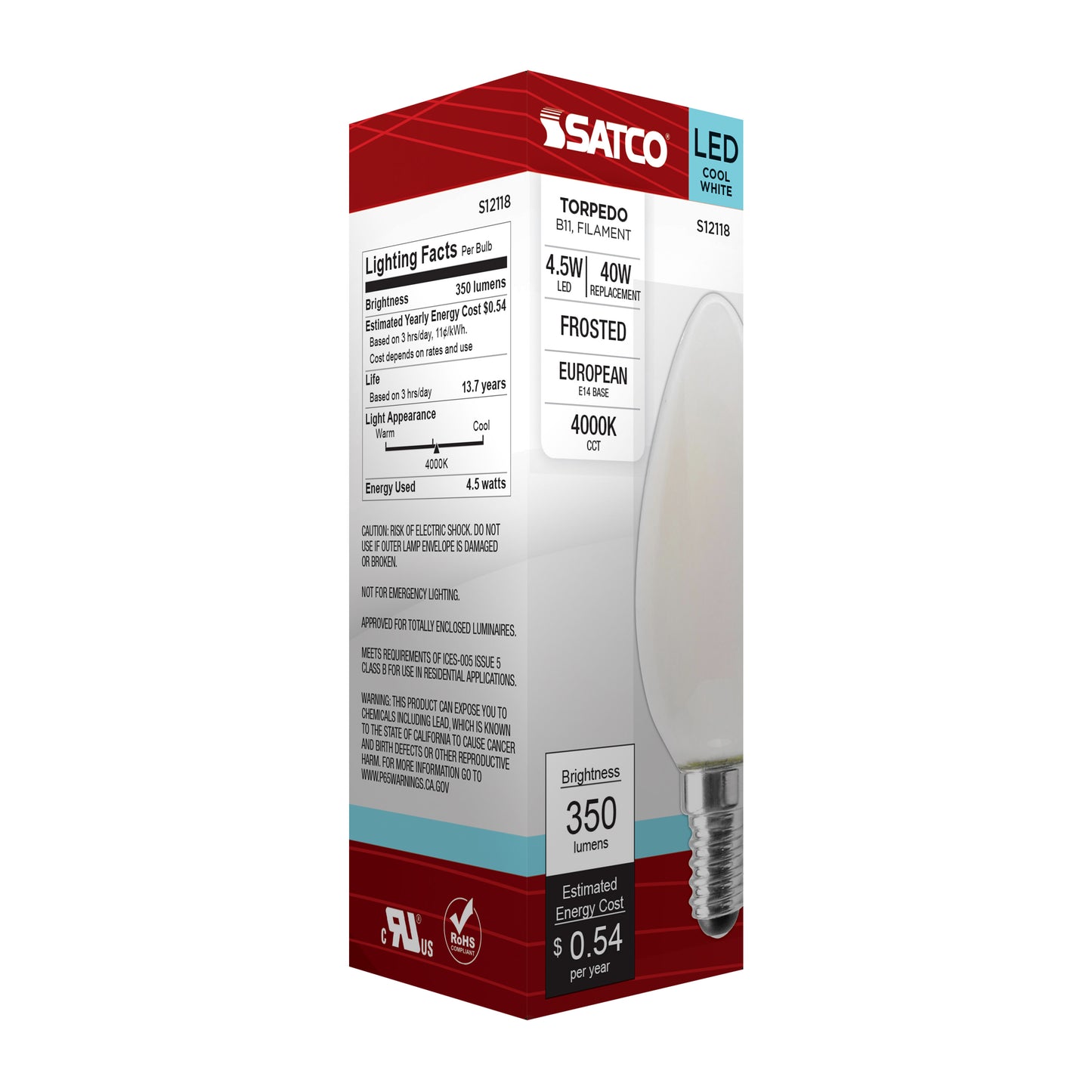 4.5 Watt; B11 LED Filament; Frosted; 350 Lumens; 4000K; European base; 120 Volt