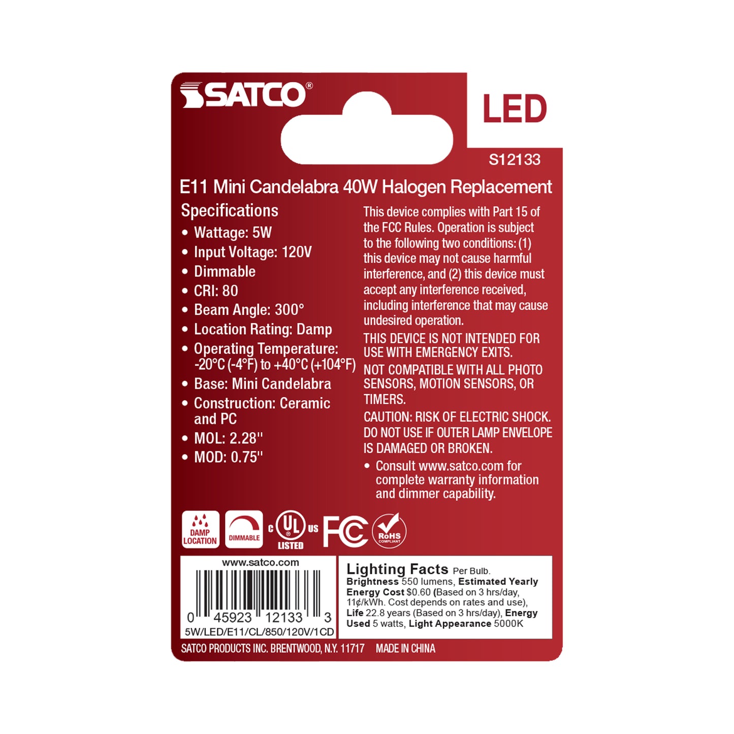 5 Watt Mini LED; Miniature Candelabra Base; 5000K; Clear Finish; 120 Volt