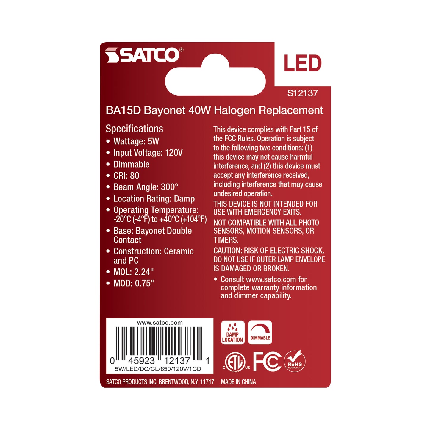 5 Watt Mini LED; Bayonet Double Contact Base; 5000K; Clear Finish; 120 Volt