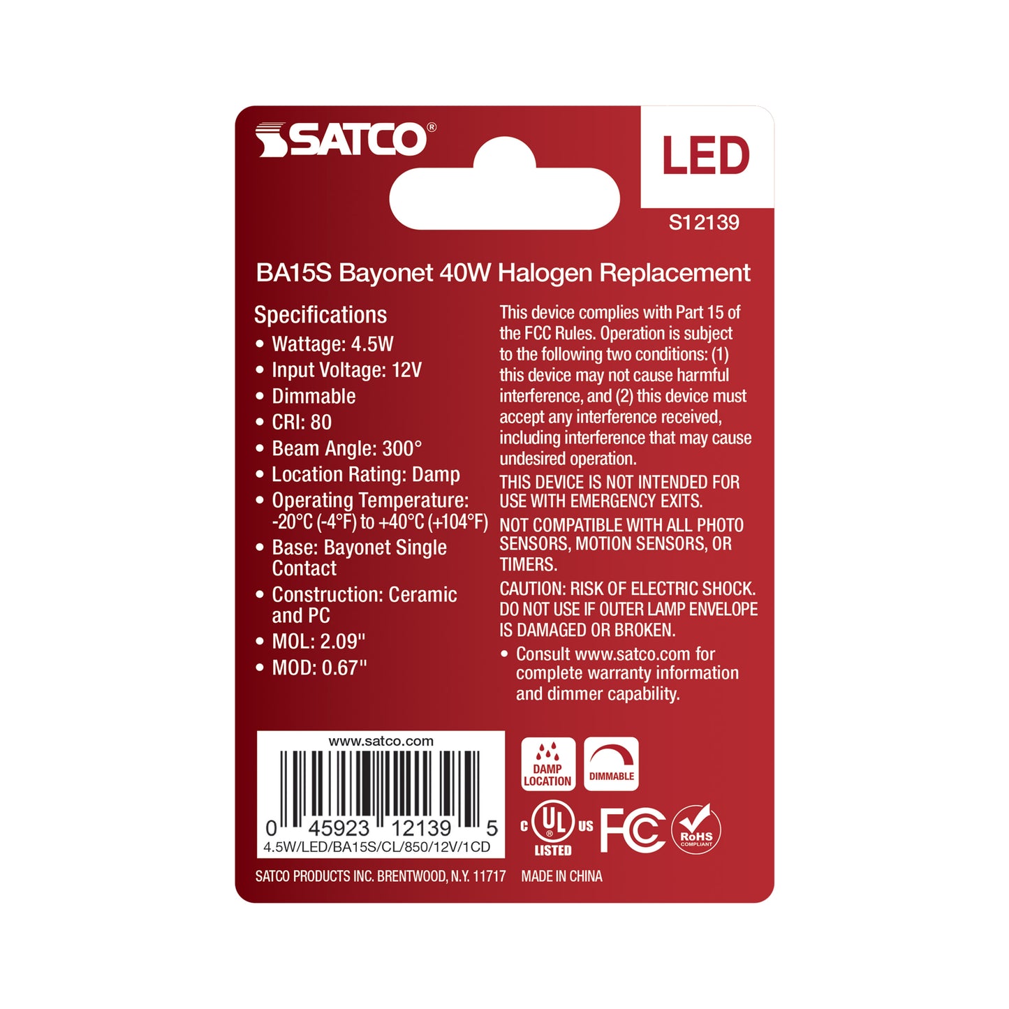 4.5 Watt Mini LED; Bayonet Single Contact Base; 5000K; Clear Finish; 12 Volt