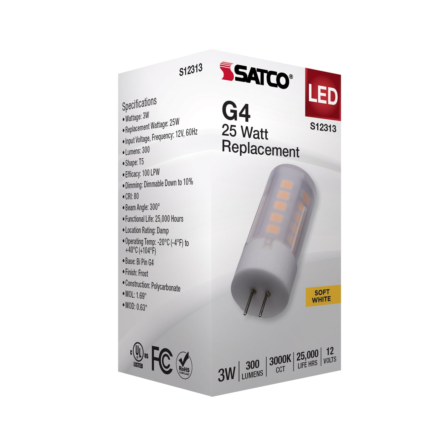 3 Watt T5 LED; Frost Finish; Bi Pin G4 Base; 3000K; 12 Volt