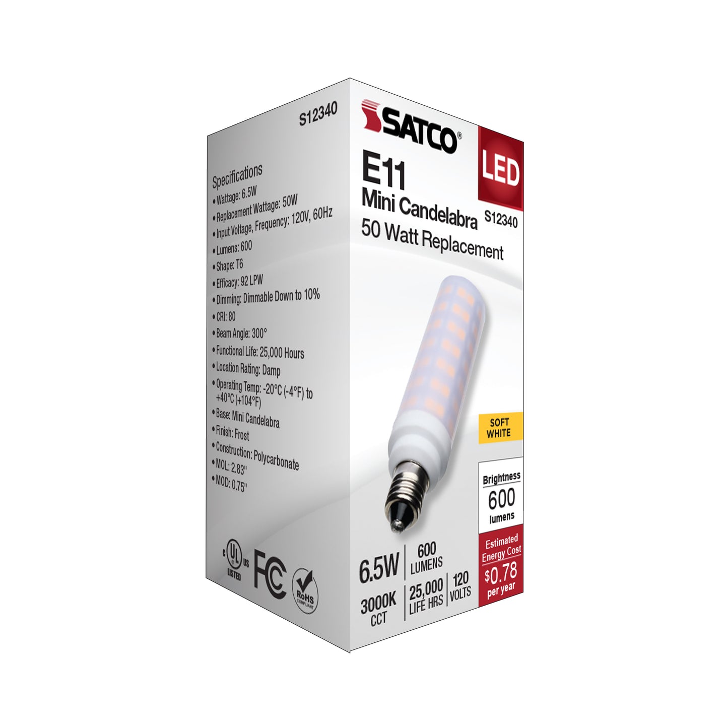 6.5 Watt T6 LED; Frost Finish; E11 Base; 3000K; 120 Volt