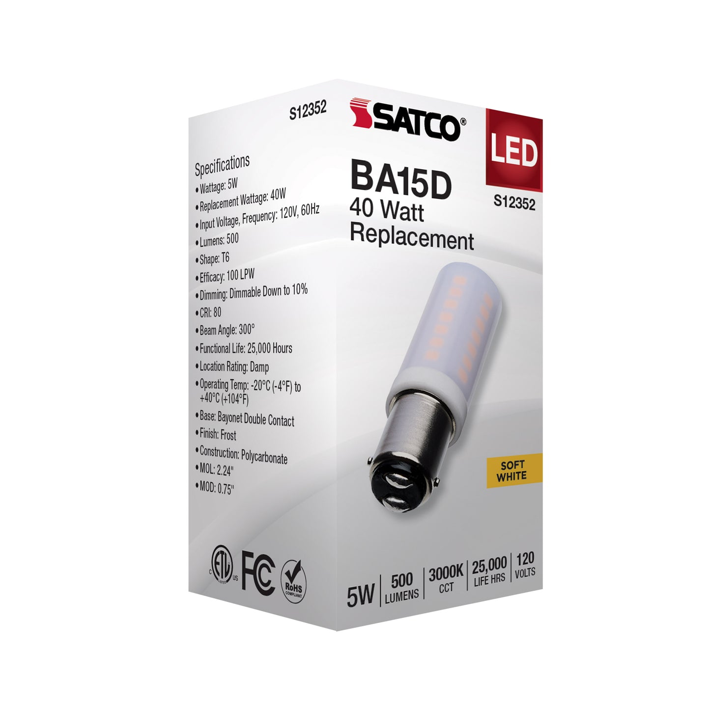 5 Watt T6 LED; Frost Finish; DC Base; 3000K; 120 Volt