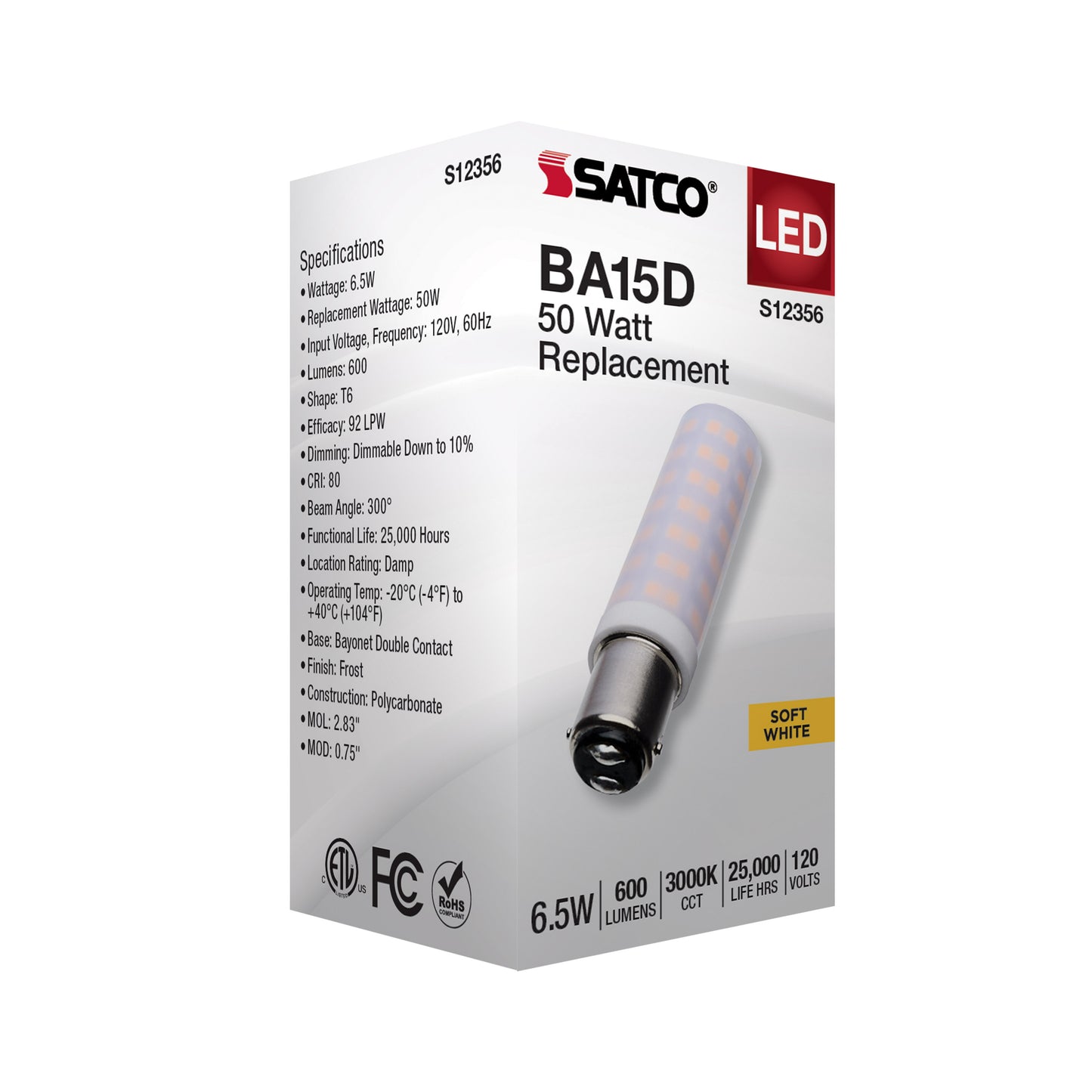 6.5 Watt T6 LED; Frost Finish; DC Base; 3000K; 120 Volt