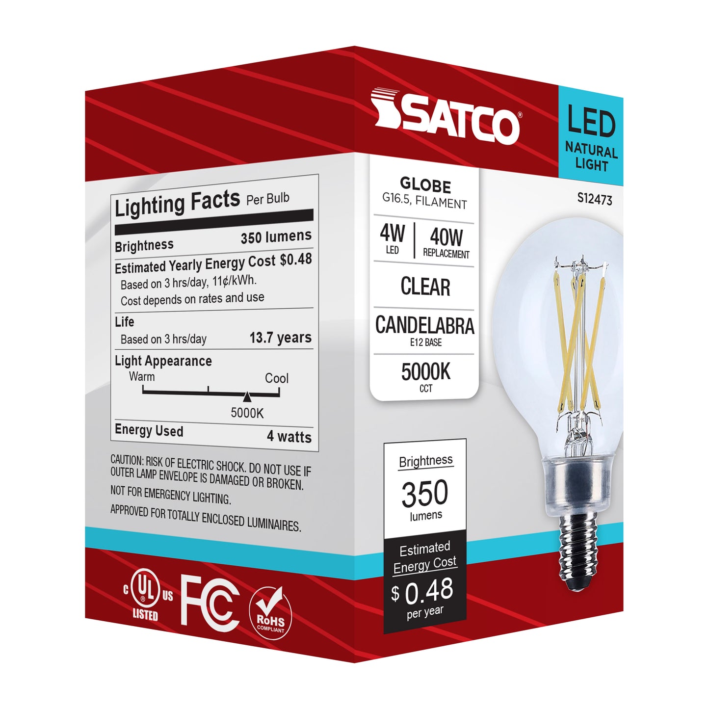 4 Watt G16.5 LED; Candelabra Base; Clear; 5000K CCT; 120 Volt