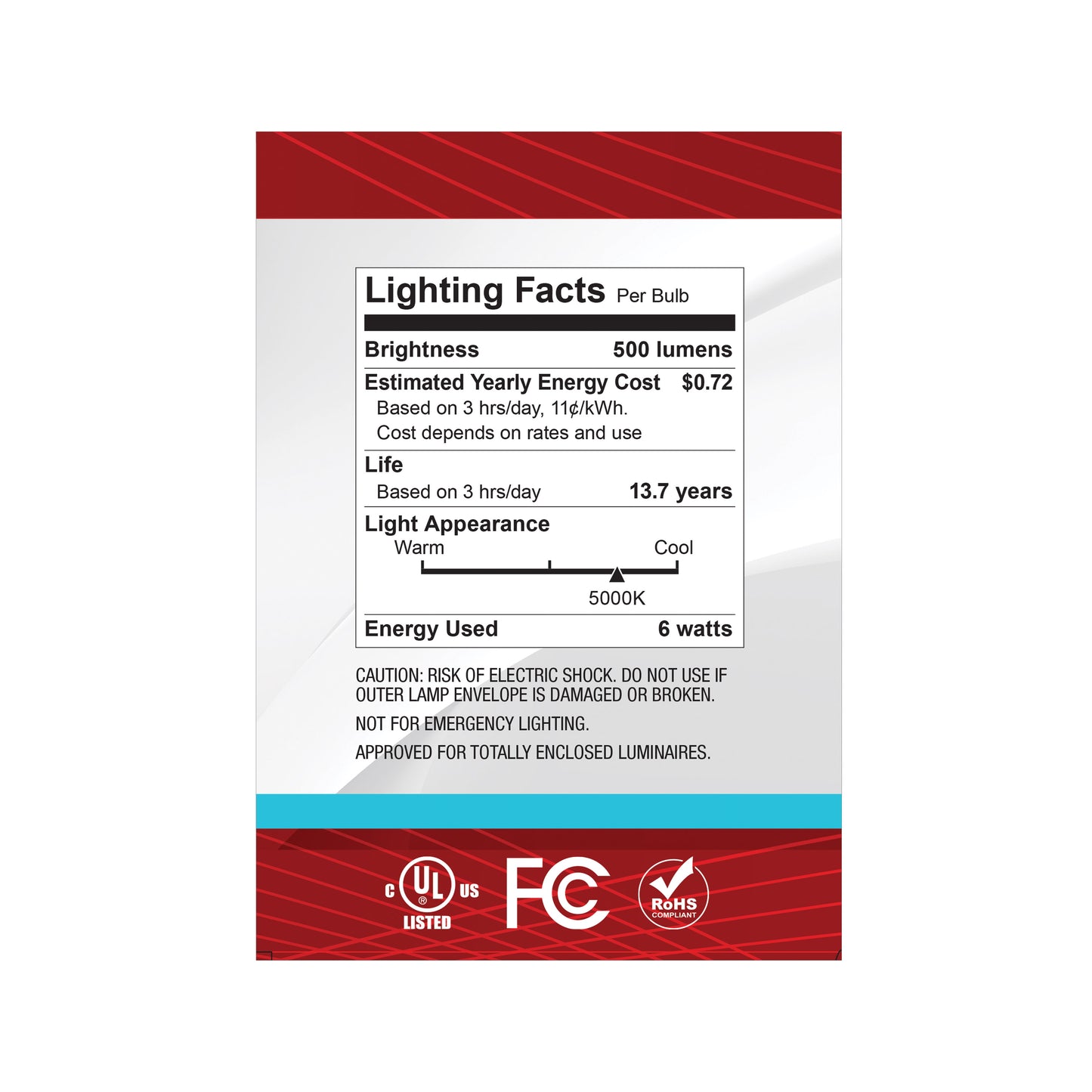 6 Watt G40 LED; Medium Base; Clear; 5000K CCT; 120 Volt