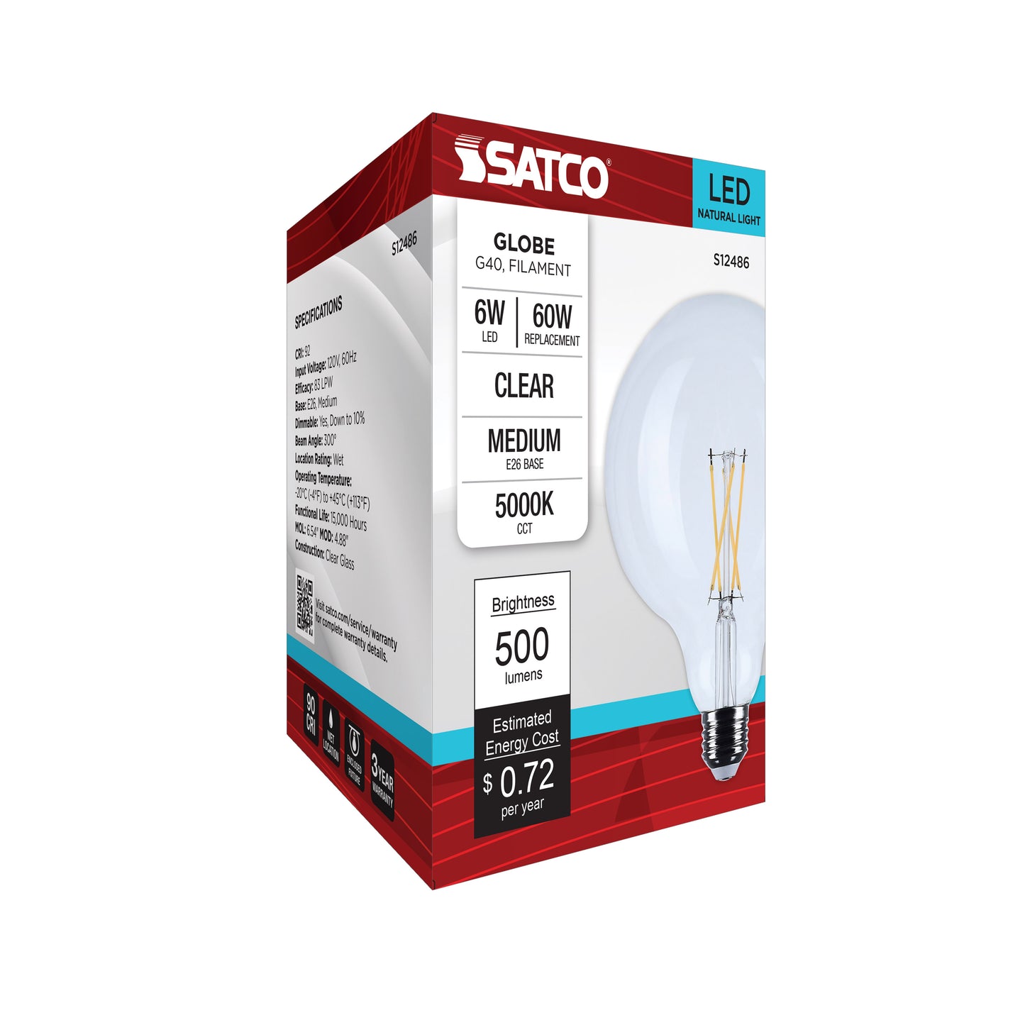 6 Watt G40 LED; Medium Base; Clear; 5000K CCT; 120 Volt