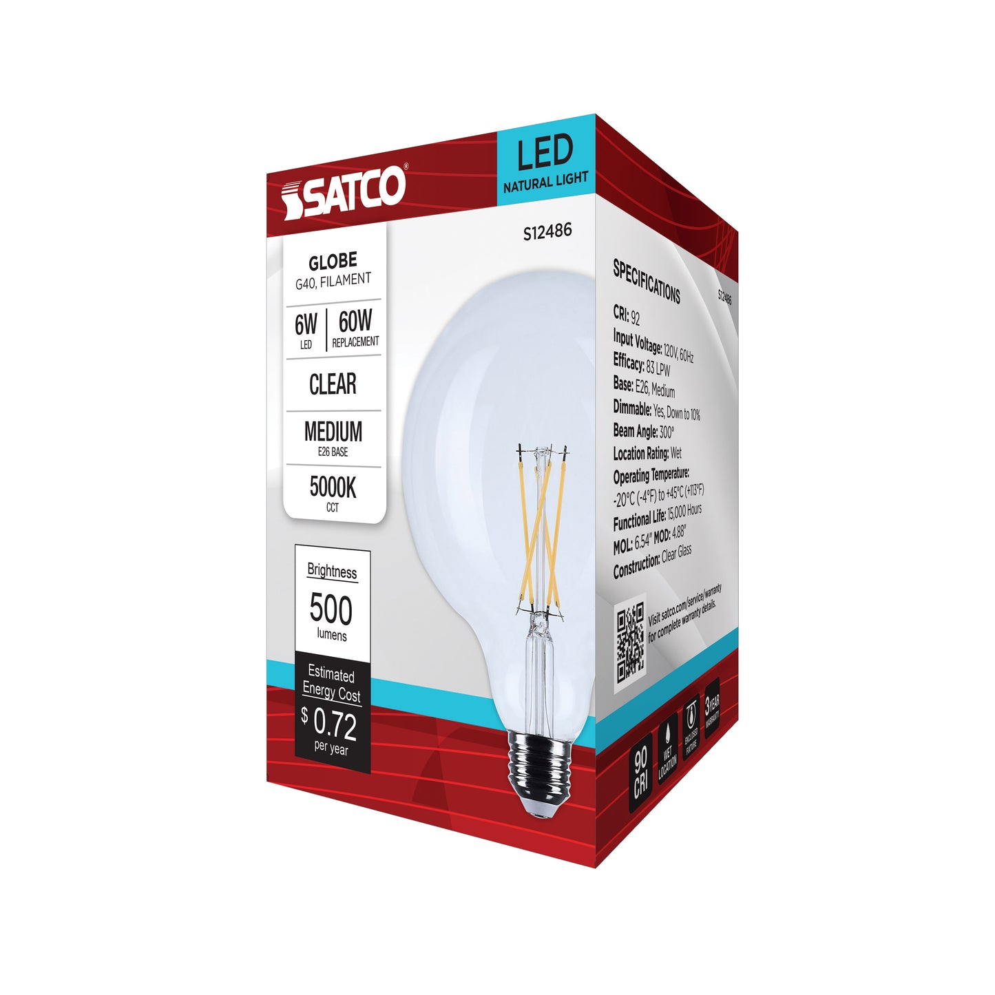 6 Watt G40 LED; Medium Base; Clear; 5000K CCT; 120 Volt