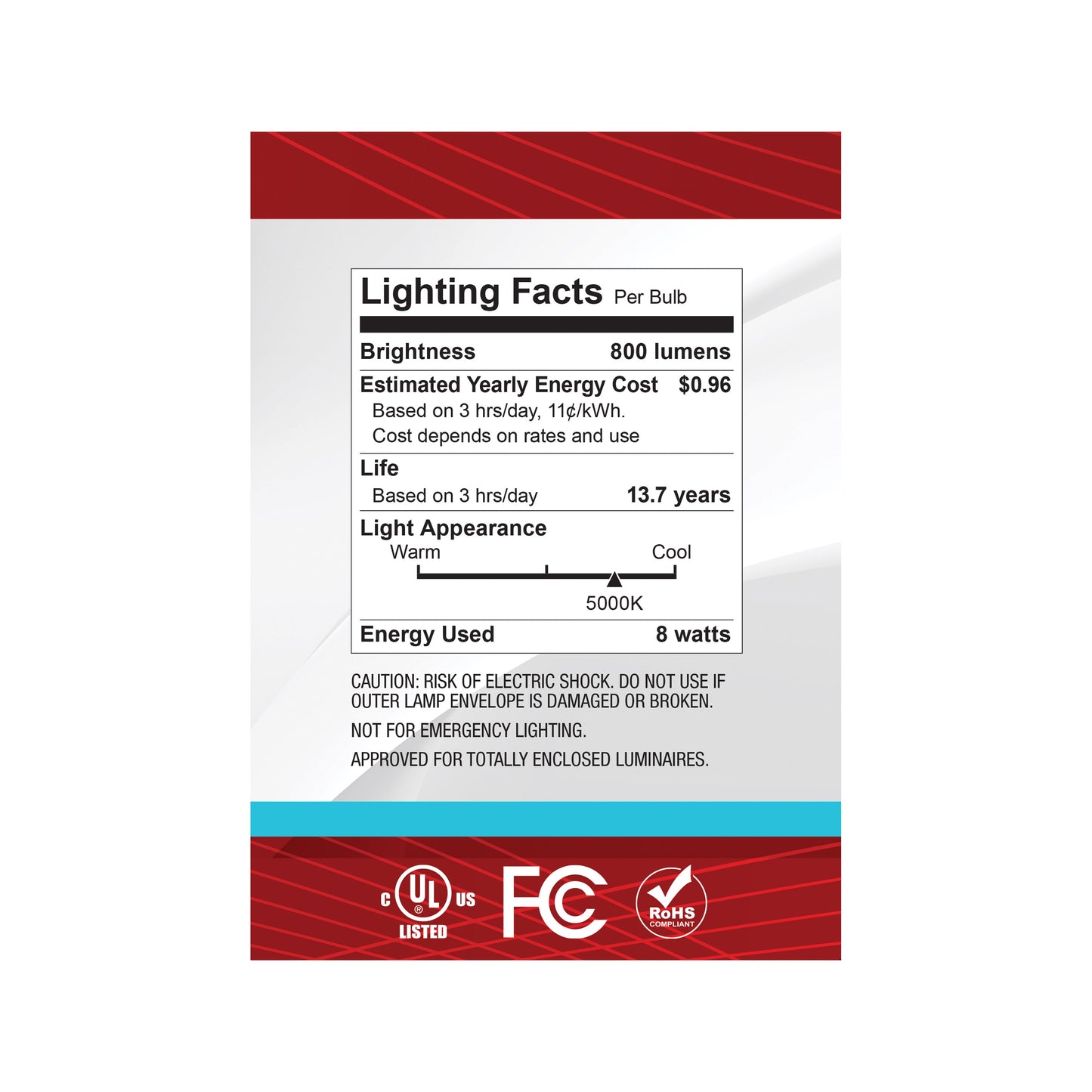 8 Watt G40 LED; Medium Base; Clear; 5000K CCT; 120 Volt