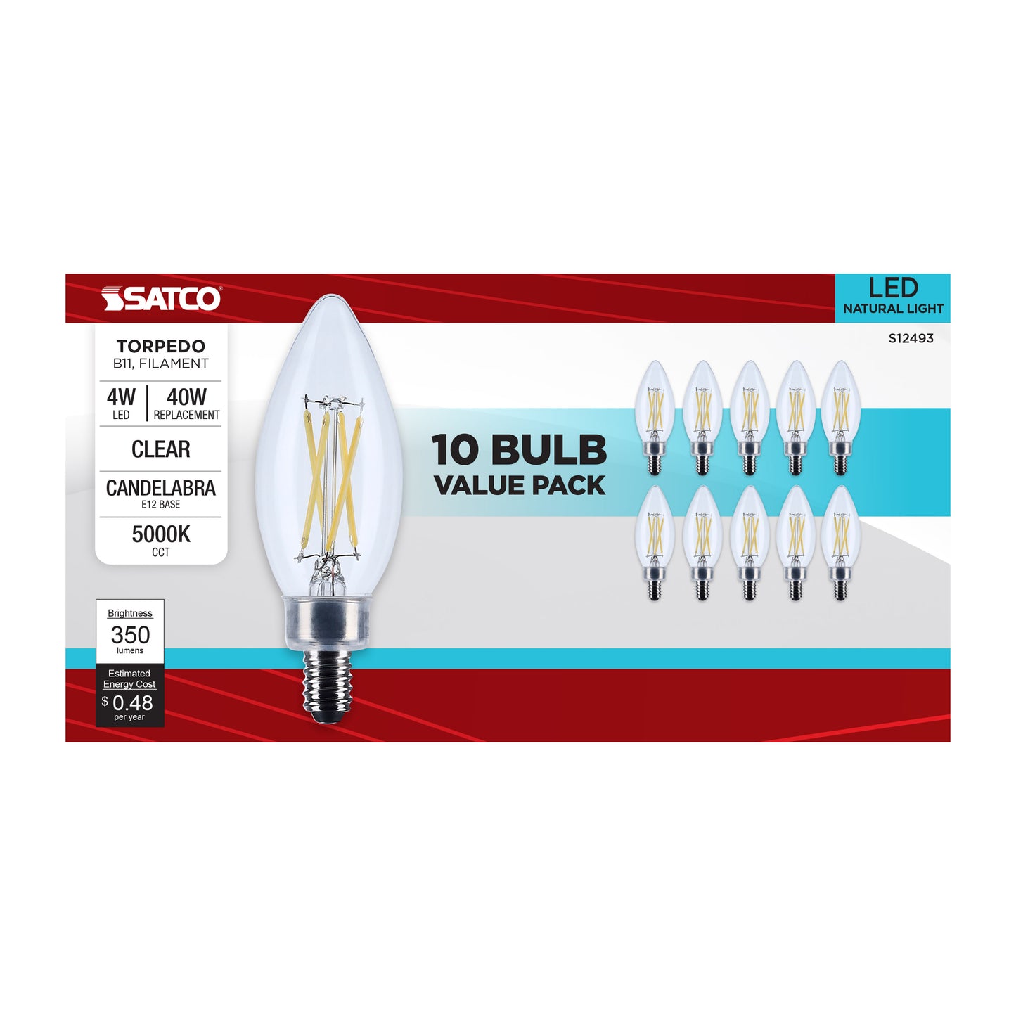 4 Watt B11 LED; Candelabra Base; Clear; 5000K CCT; 120 Volt; 10-pk