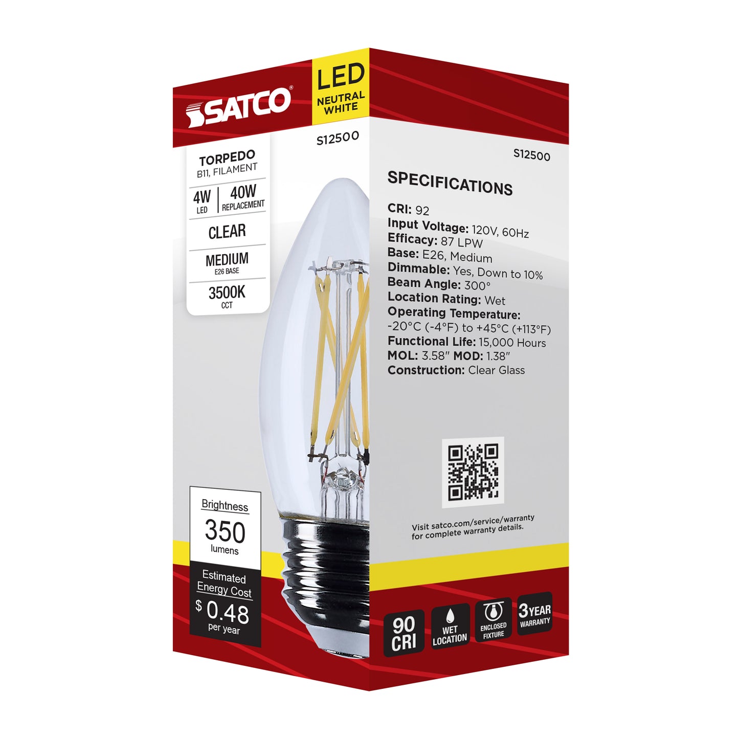 4 Watt B11 LED; Medium Base; Clear; 3500K CCT; 120 Volt