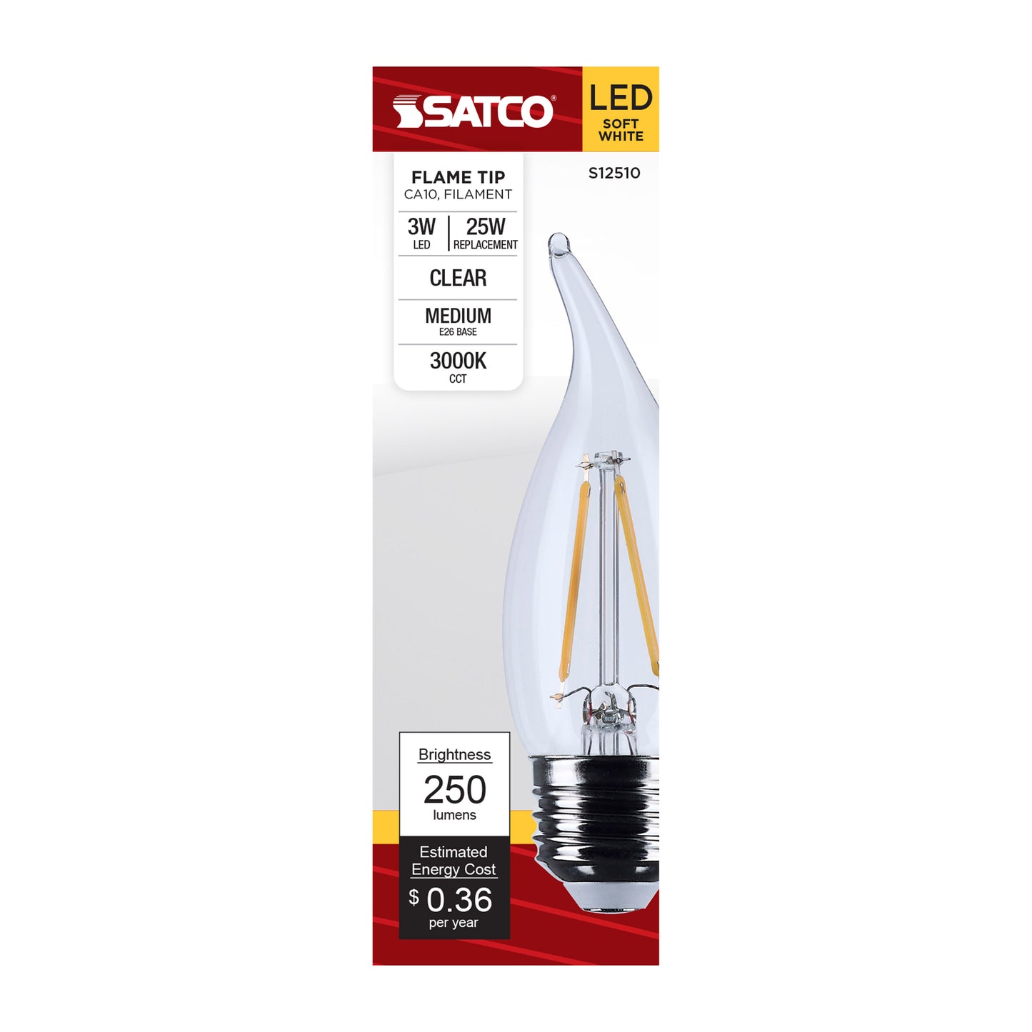 3 Watt CA10 LED; Medium Base; Clear; 3000K CCT; 120 Volt