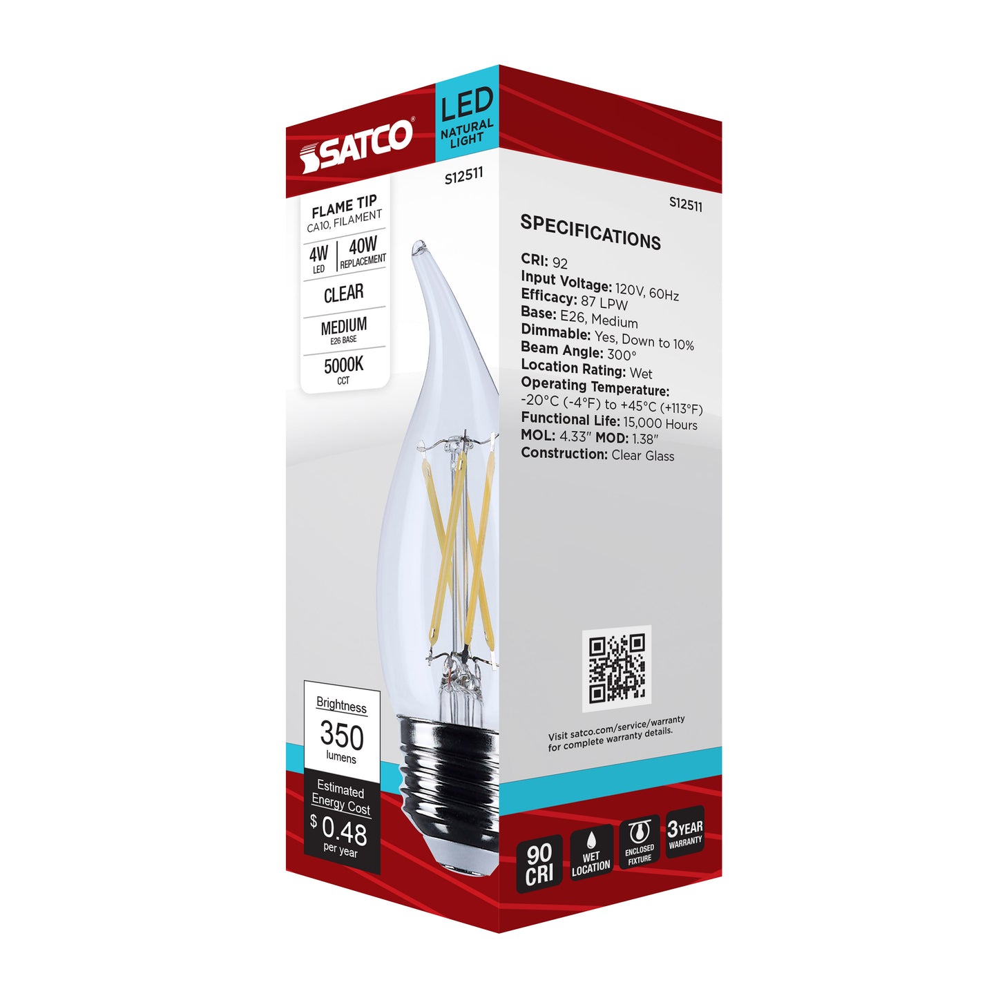 4 Watt CA10 LED; Medium Base; Clear; 5000K CCT; 120 Volt