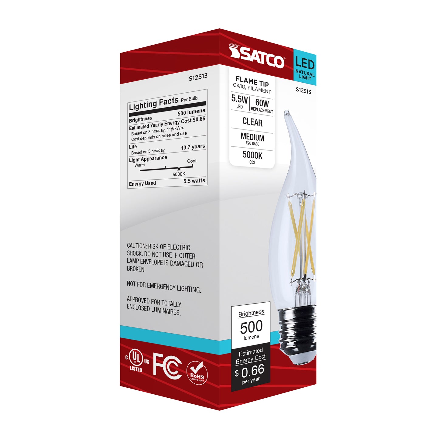 5.5 Watt CA10 LED; Medium Base; Clear; 5000K CCT; 120 Volt