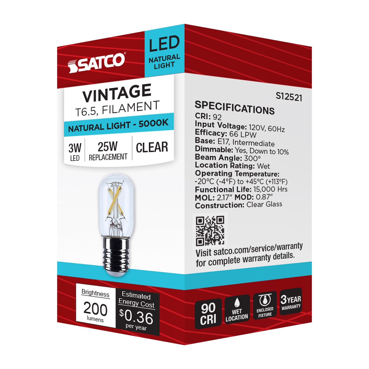 3 Watt T6.5 LED; Intermediate Base; Clear; 5000K CCT; 120 Volt