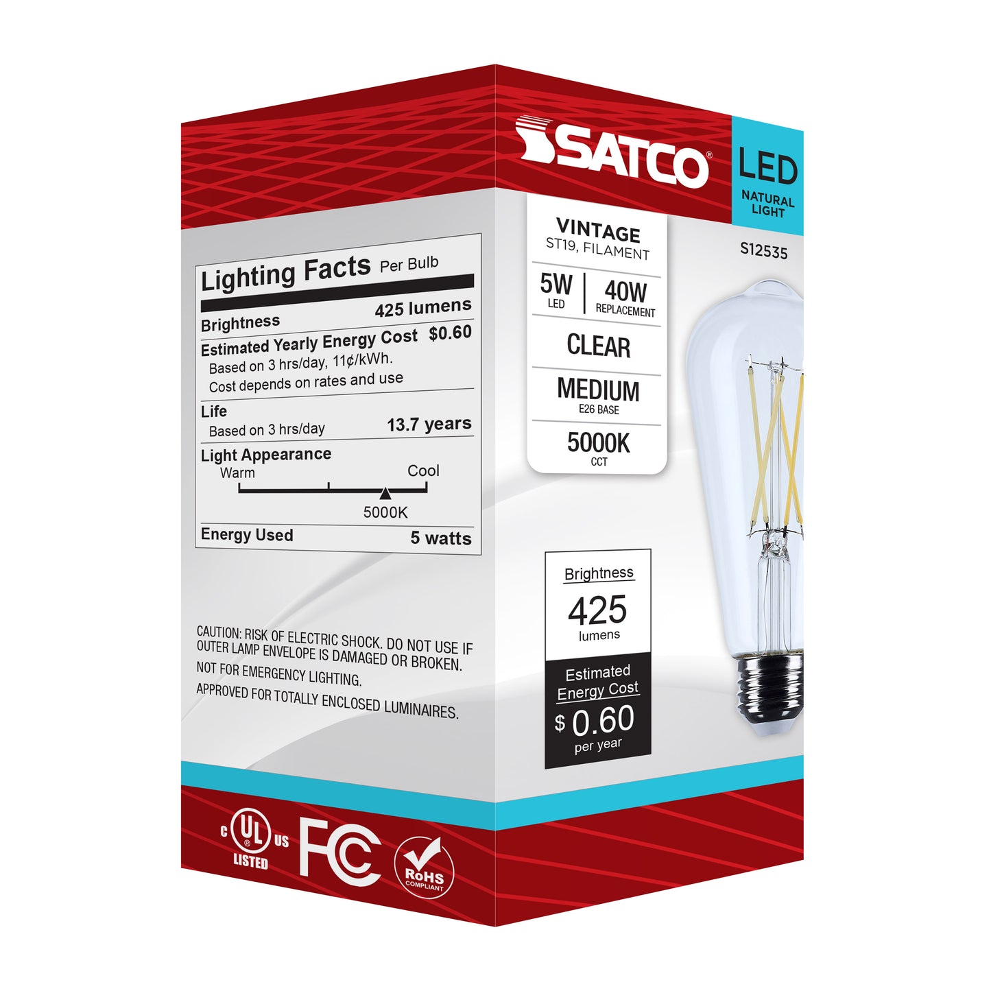 5 Watt ST19 LED; Medium Base; Clear; 5000K CCT; 120 Volt