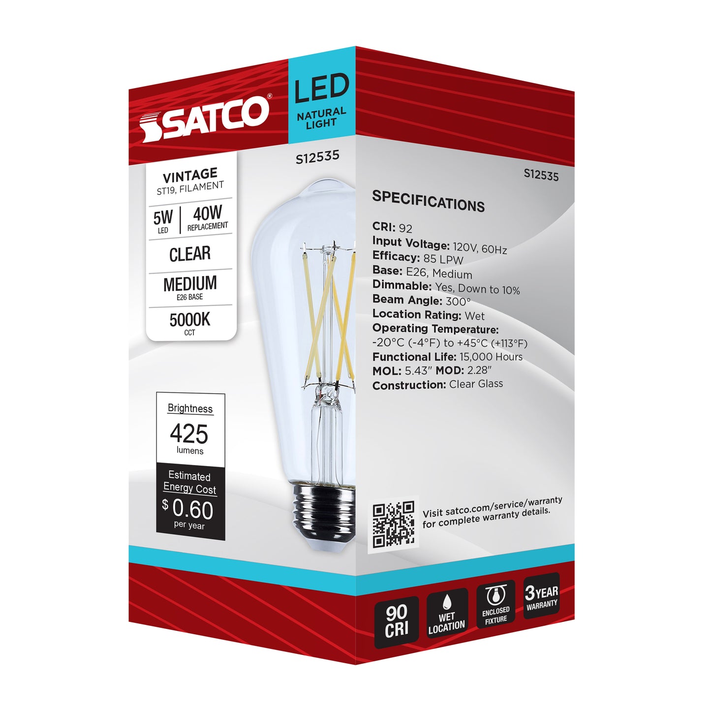 5 Watt ST19 LED; Medium Base; Clear; 5000K CCT; 120 Volt