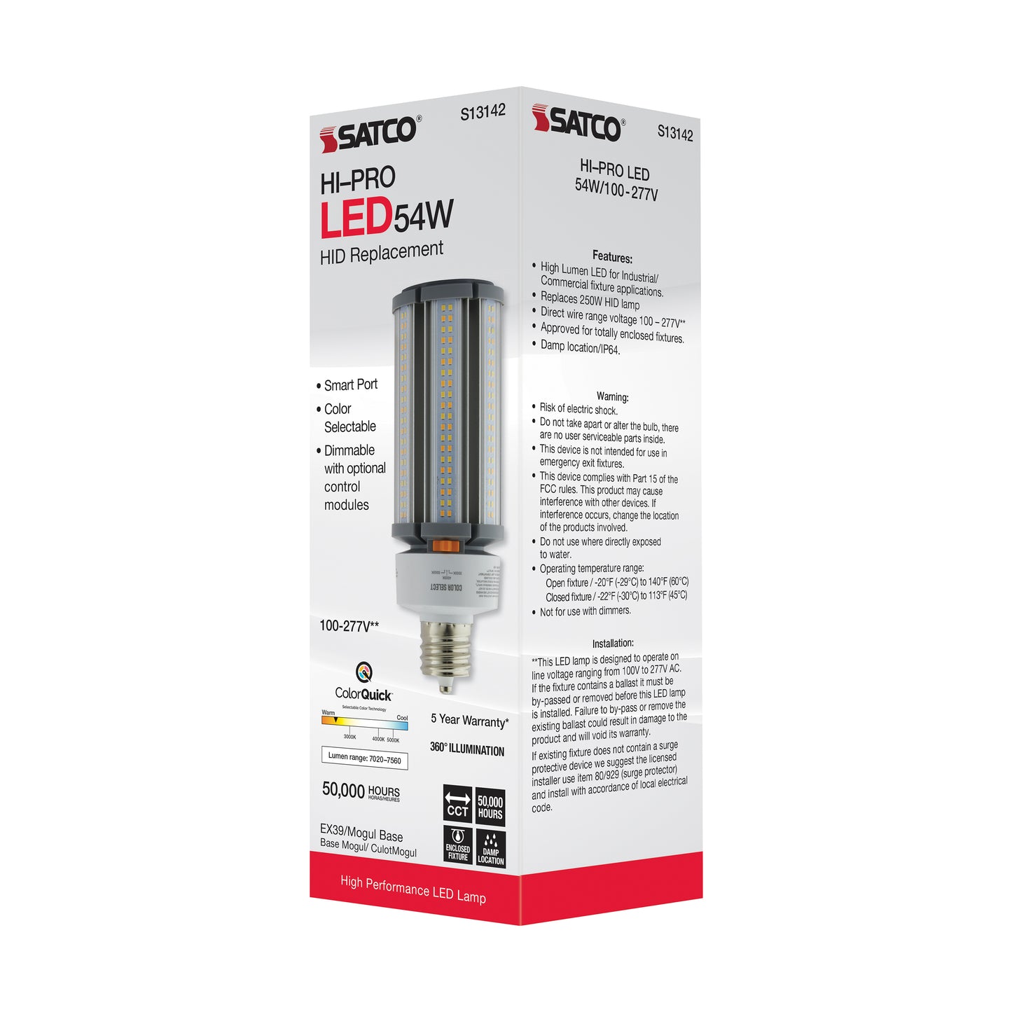 54 Watt; LED HID Replacement; CCT Selectable; Mogul extended base; 100-277 Volt; ColorQuick Technology