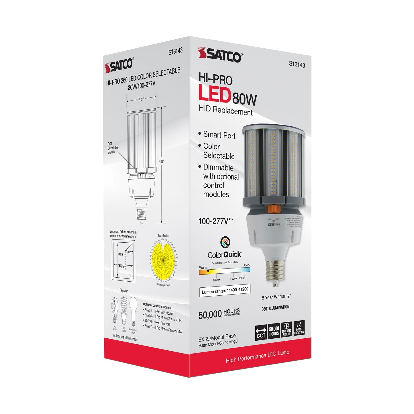 80 Watt; LED HID Replacement; CCT Selectable; Mogul extended base; 100-277 Volt; ColorQuick Technology