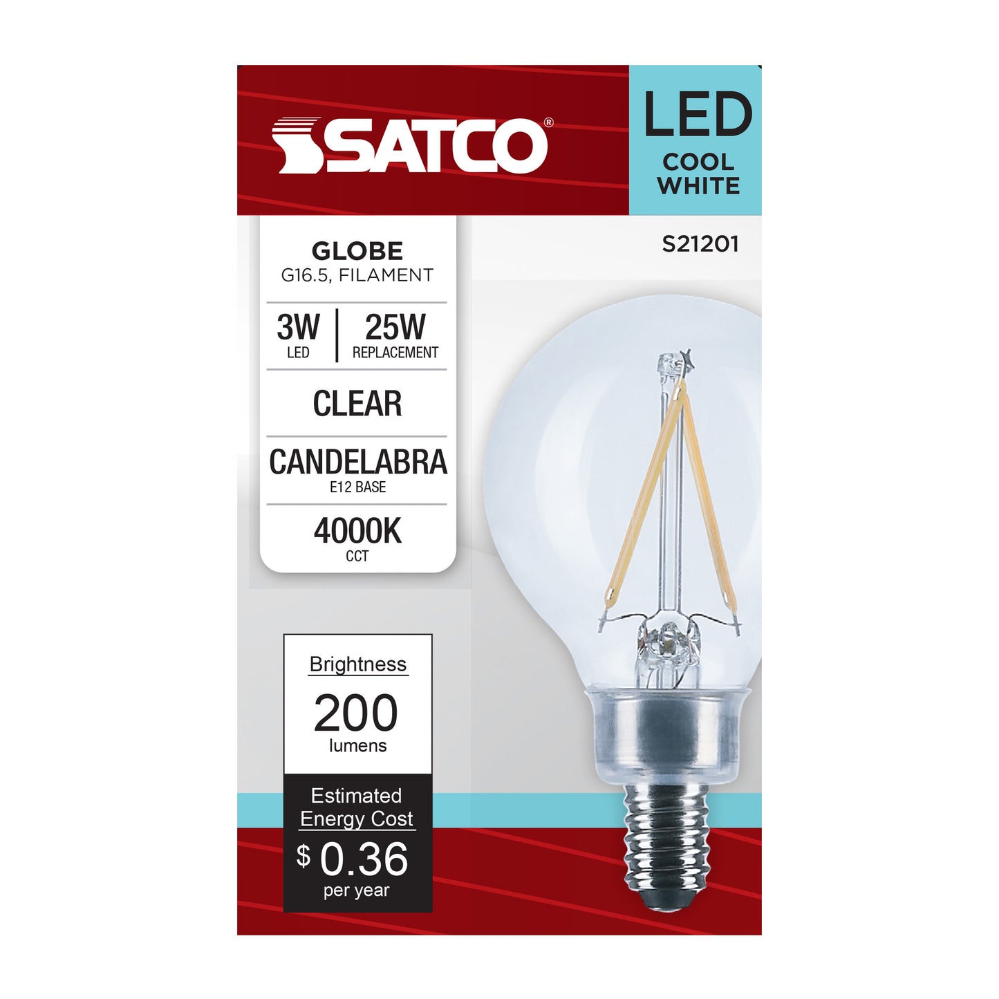 3 Watt G16.5 LED Filament; Clear; Candelabra base; 90 CRI; 4000K; 120 Volt