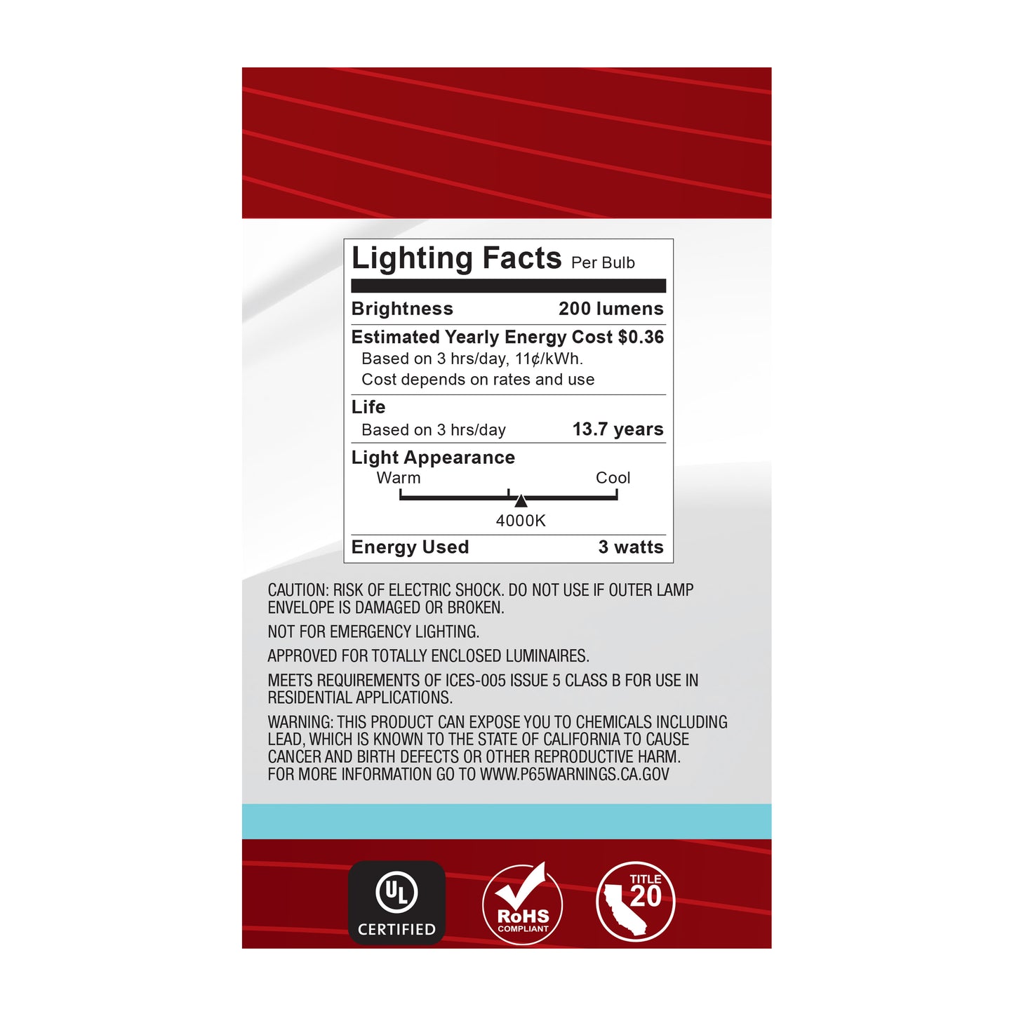 3 Watt G16.5 LED Filament; Clear; Candelabra base; 90 CRI; 4000K; 120 Volt
