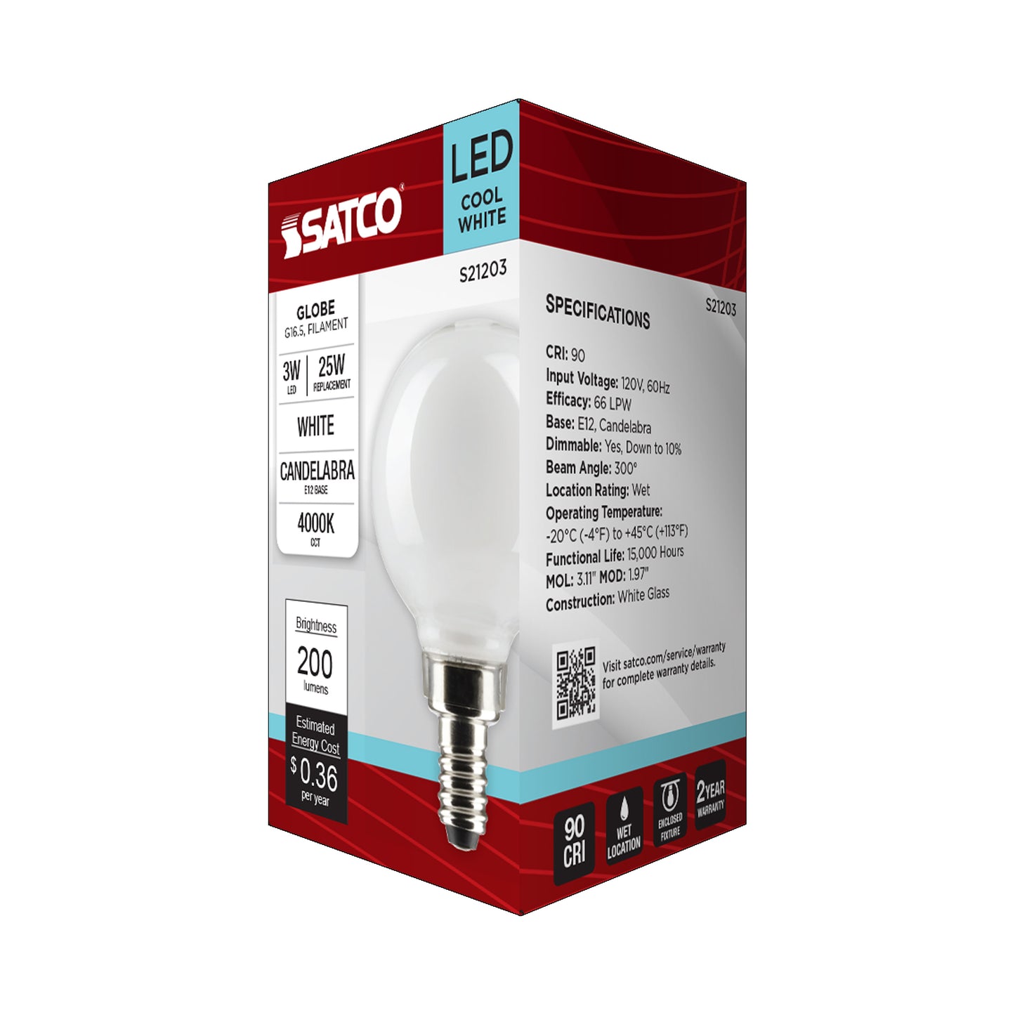 3 Watt G16.5 LED Filament; White; Candelabra base; 90 CRI; 400K; 120 Volt