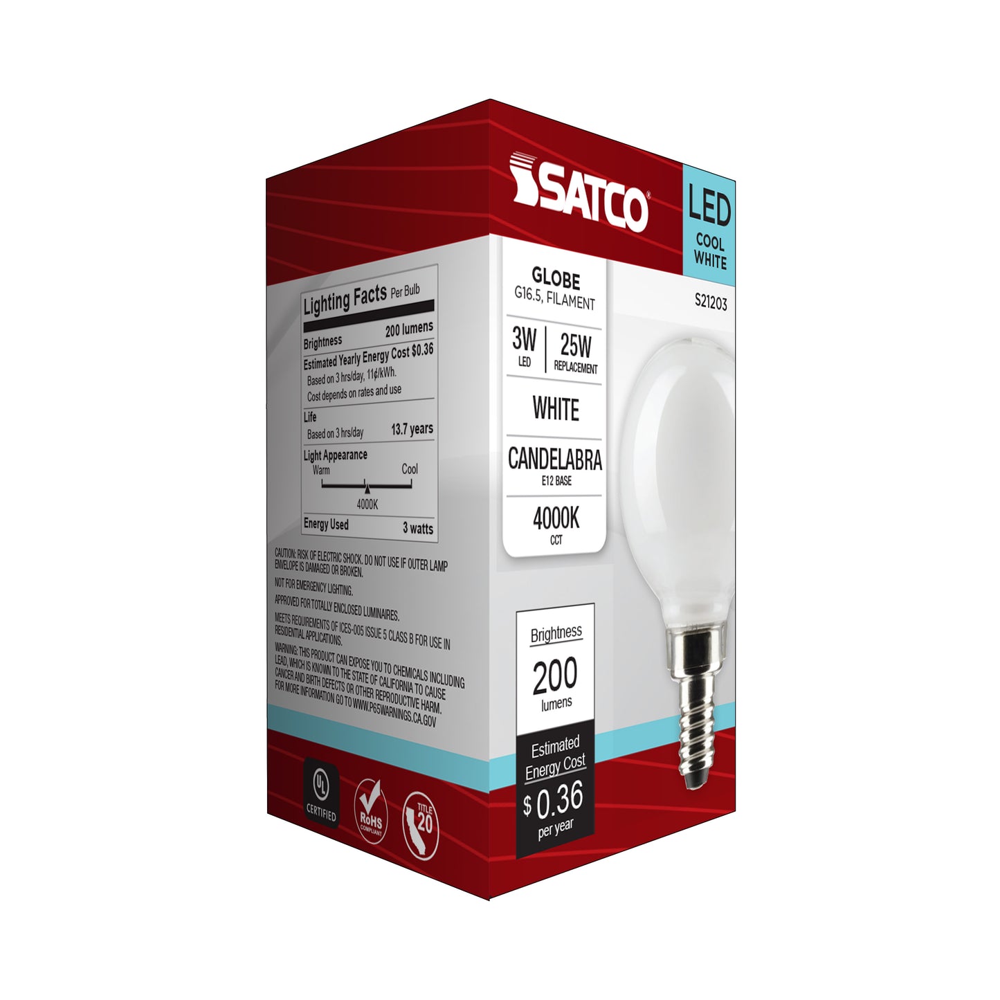 3 Watt G16.5 LED Filament; White; Candelabra base; 90 CRI; 400K; 120 Volt