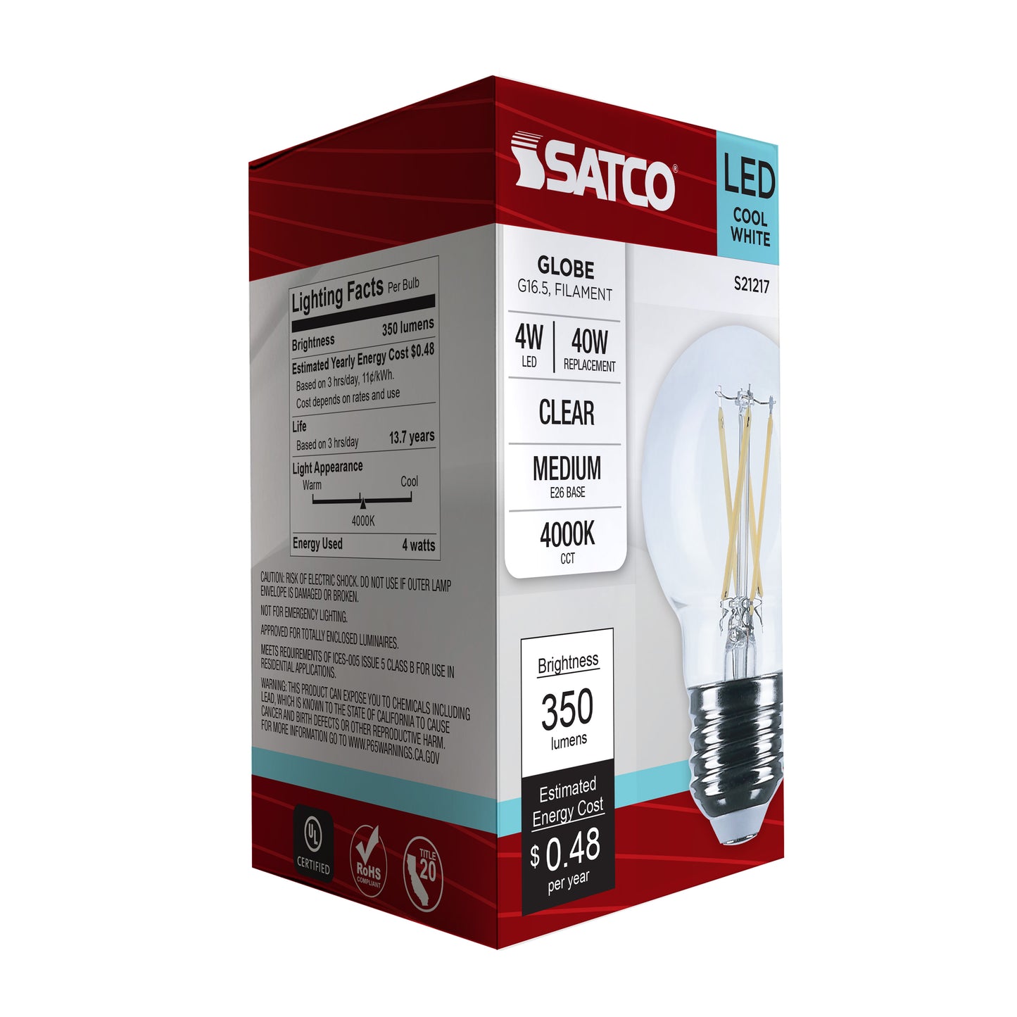 4 Watt G16.5 LED Filament; Clear; Medium base; 90 CRI; 4000K; 120 Volt