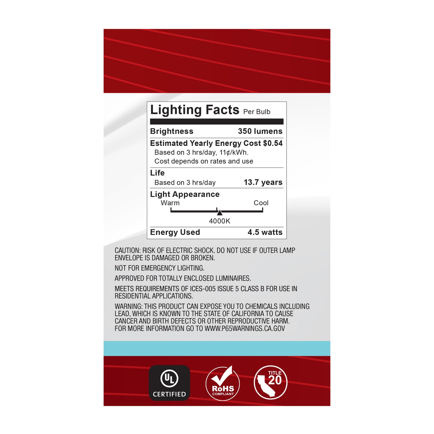 4.5 Watt G16.5 LED Filament; White; Medium base; 90 CRI; 4000K; 120 Volt