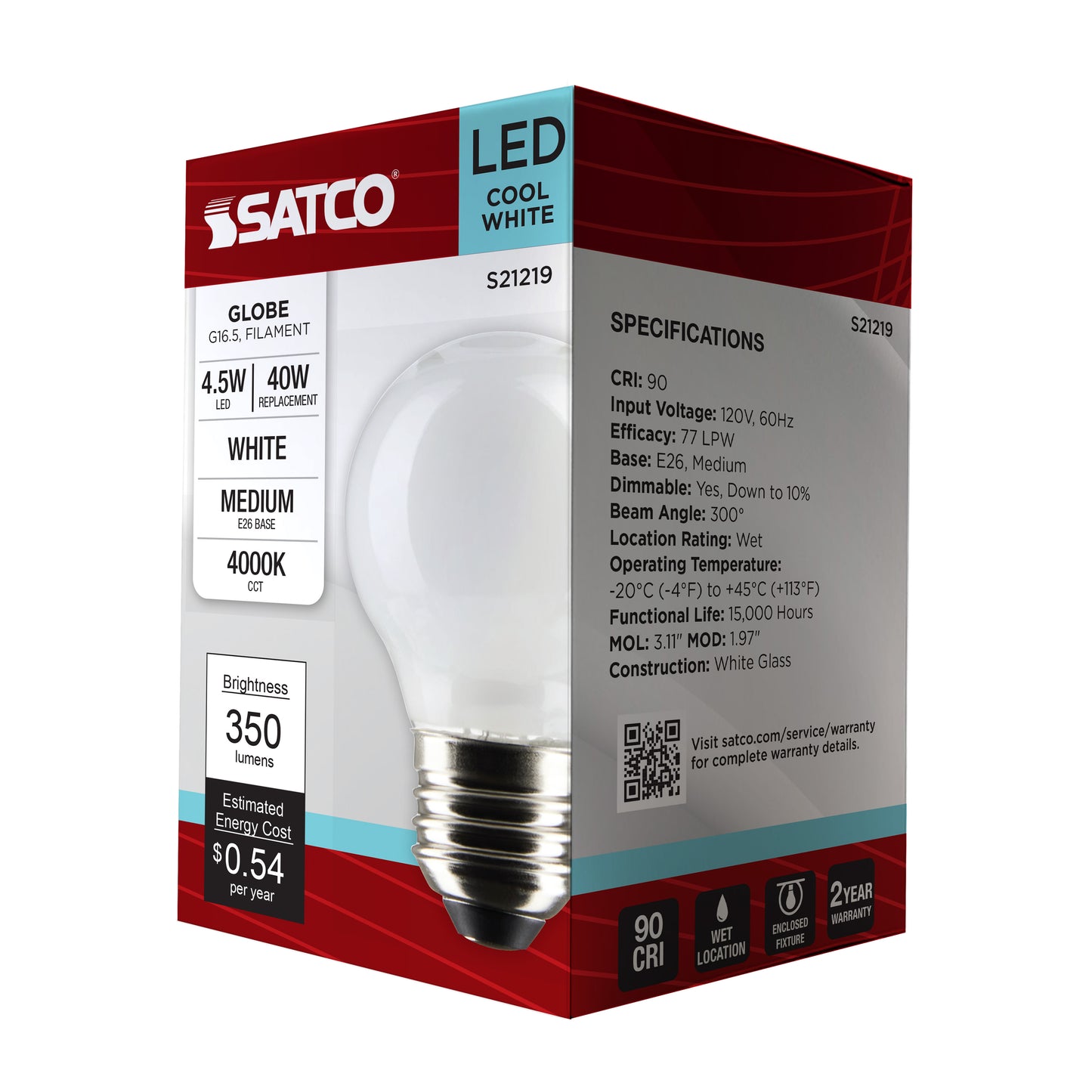 4.5 Watt G16.5 LED Filament; White; Medium base; 90 CRI; 4000K; 120 Volt