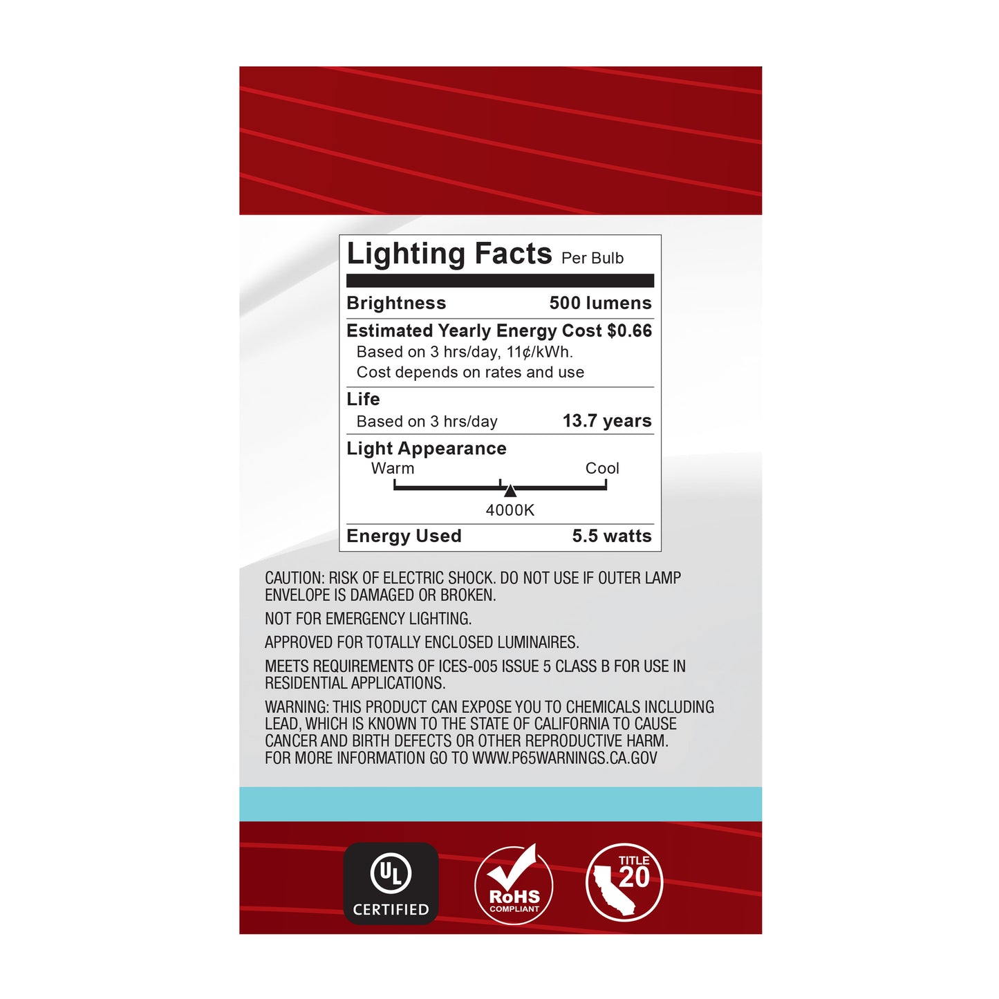 5.5 Watt G16.5 LED Filament; Clear; Medium base; 90 CRI; 4000K; 120 Volt
