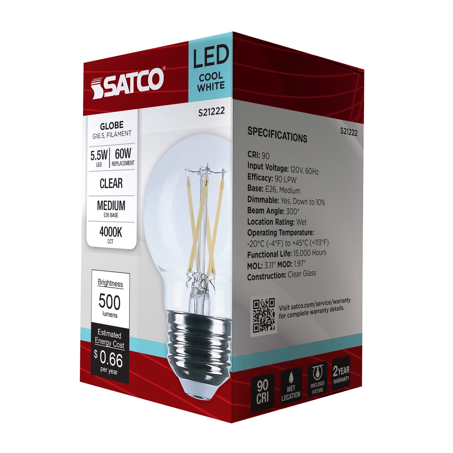 5.5 Watt G16.5 LED Filament; Clear; Medium base; 90 CRI; 4000K; 120 Volt