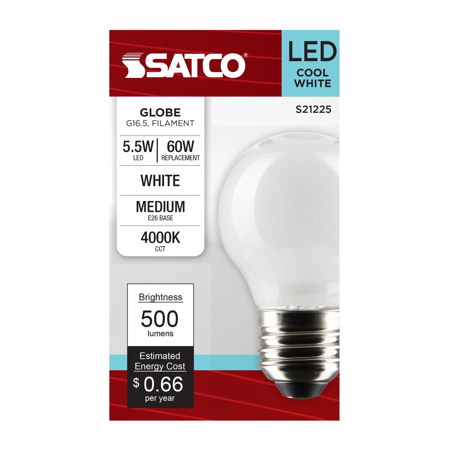 5.5 Watt G16.5 LED Filament; White; Medium base; 90 CRI; 4000K; 120 Volt