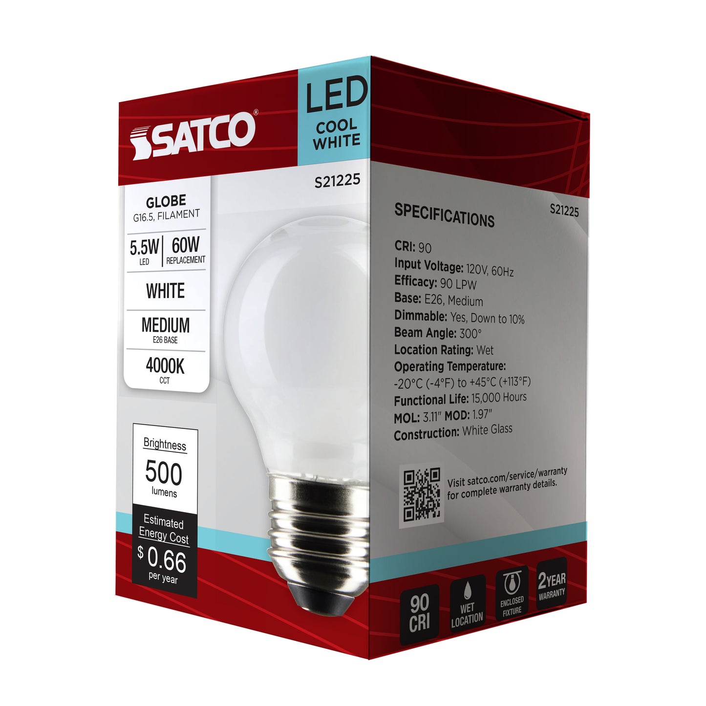 5.5 Watt G16.5 LED Filament; White; Medium base; 90 CRI; 4000K; 120 Volt