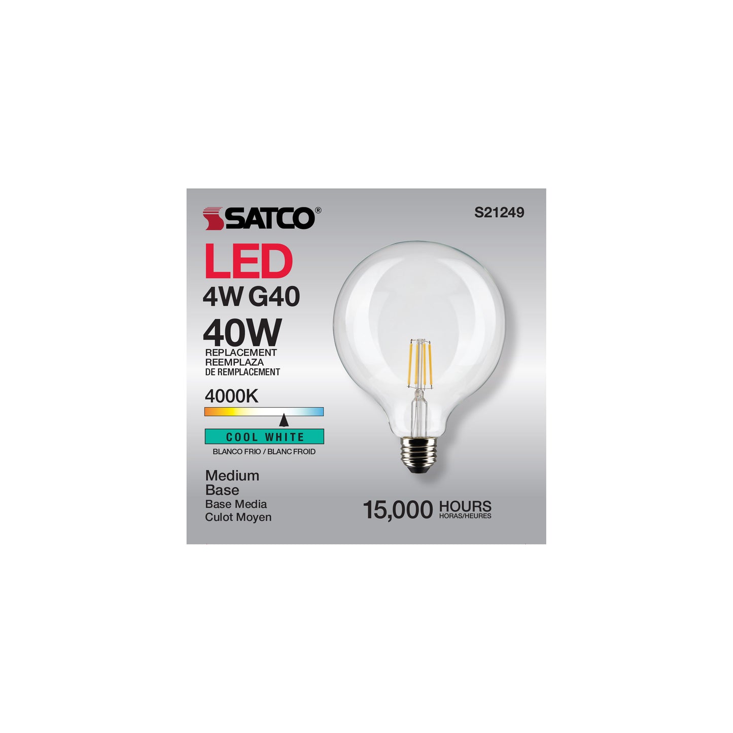 4 Watt G40 LED Filament; Clear; Medium base; 90 CRI; 4000K; 120 Volt