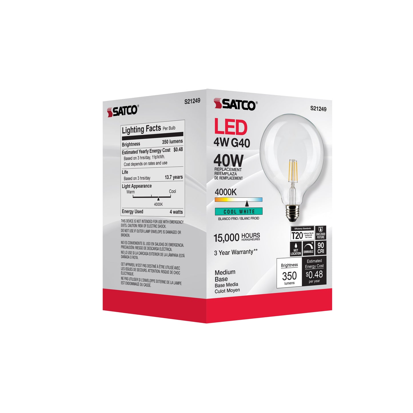 4 Watt G40 LED Filament; Clear; Medium base; 90 CRI; 4000K; 120 Volt