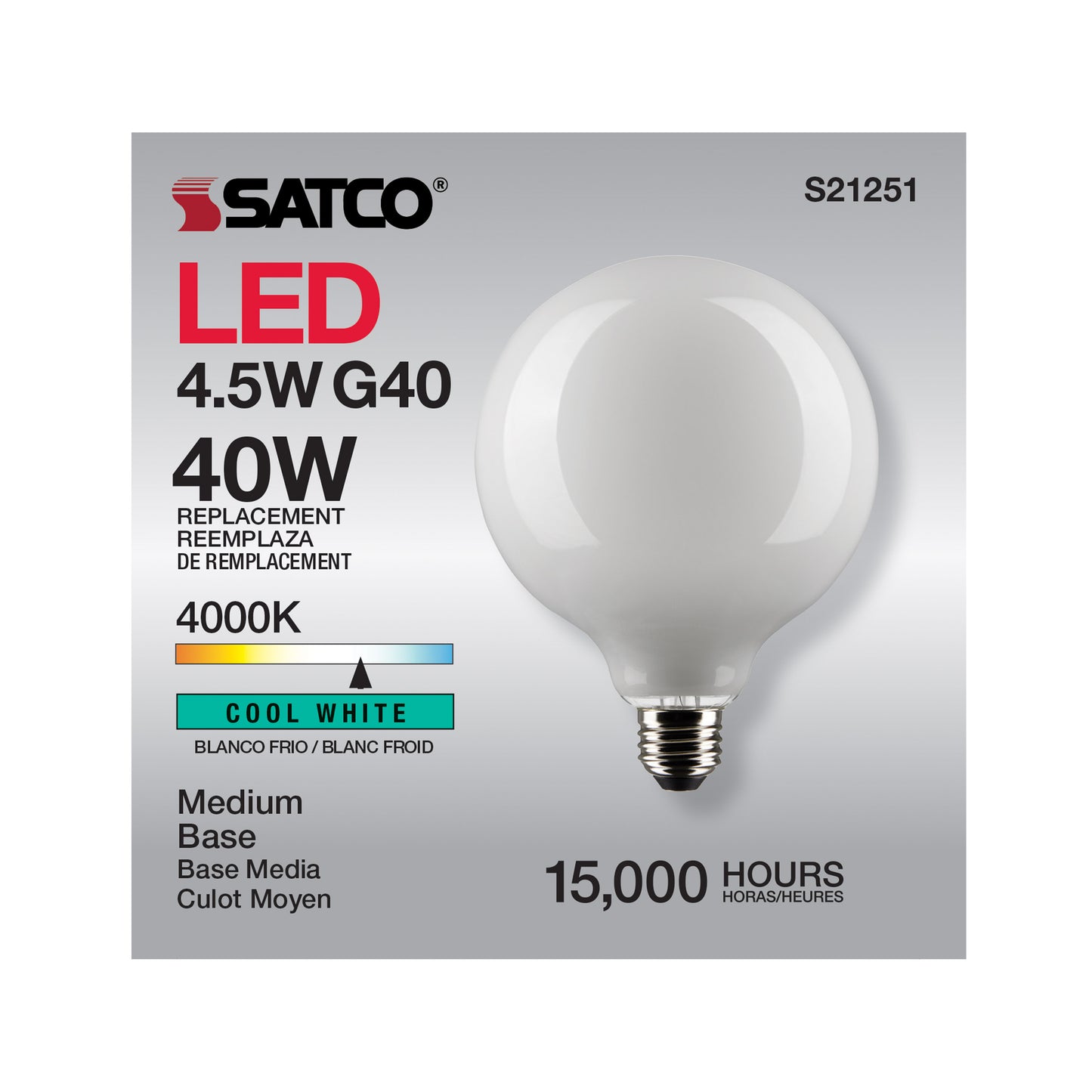 4.5 Watt G40 LED Filament; White; Medium base; 90 CRI; 4000K; 120 Volt