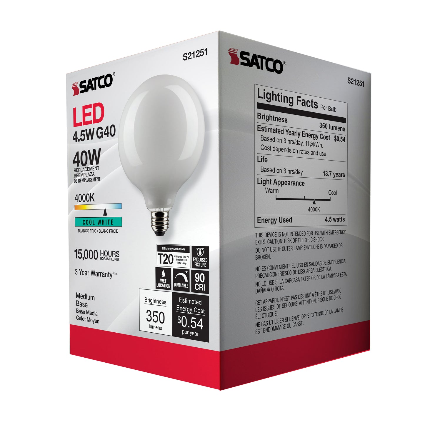 4.5 Watt G40 LED Filament; White; Medium base; 90 CRI; 4000K; 120 Volt