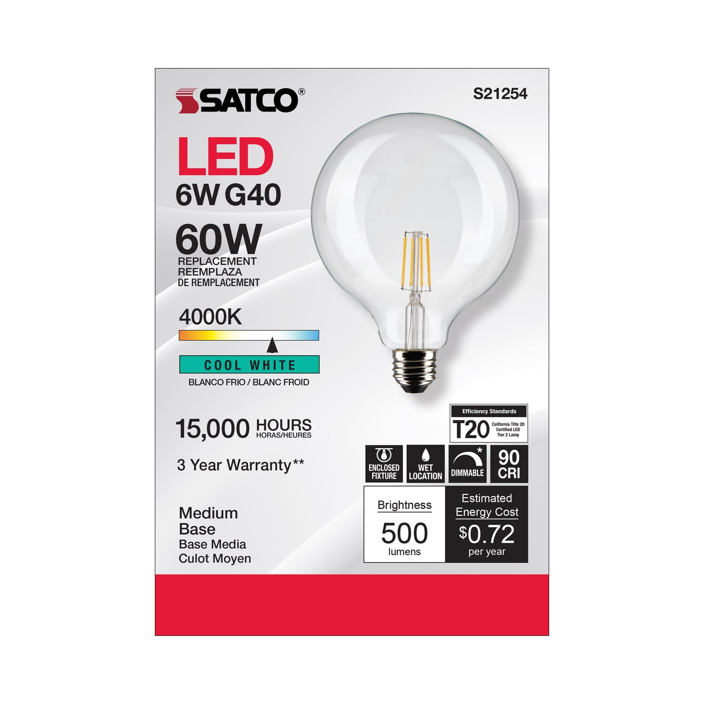6 Watt G40 LED Filament; Clear; Medium base; 90 CRI; 4000K; 120 Volt