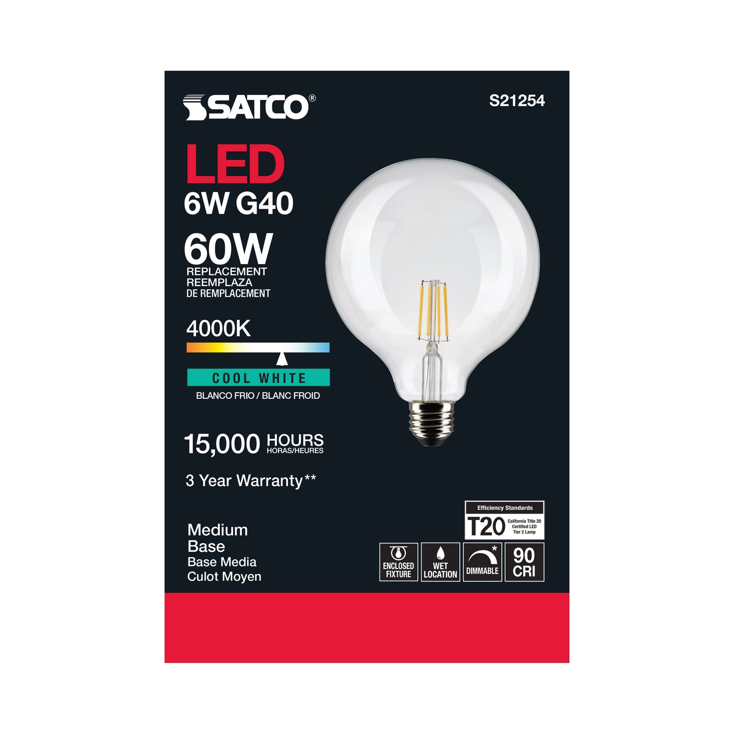 6 Watt G40 LED Filament; Clear; Medium base; 90 CRI; 4000K; 120 Volt